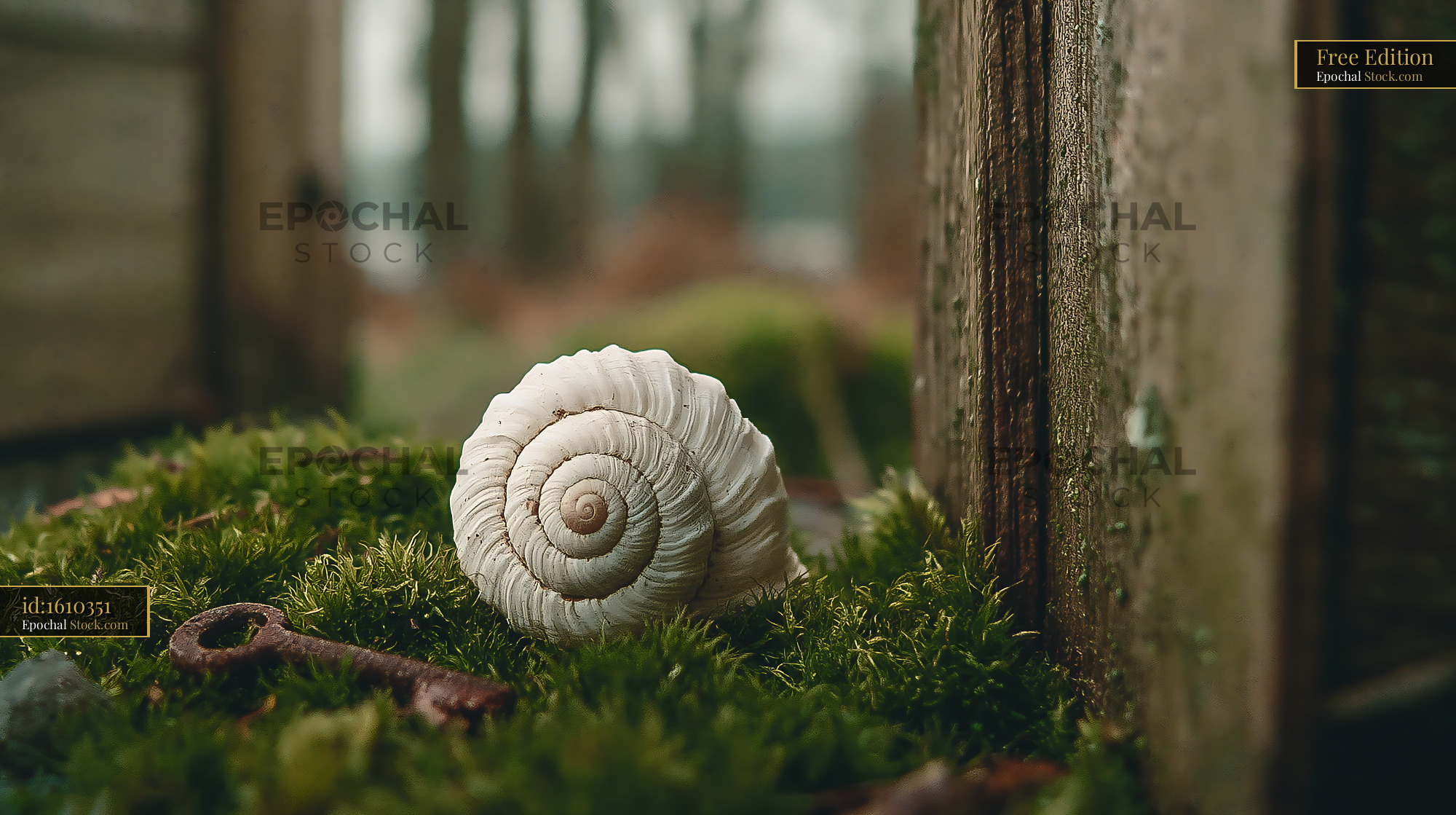 White snail shell on wet moss next to an old rusty key - stock photo