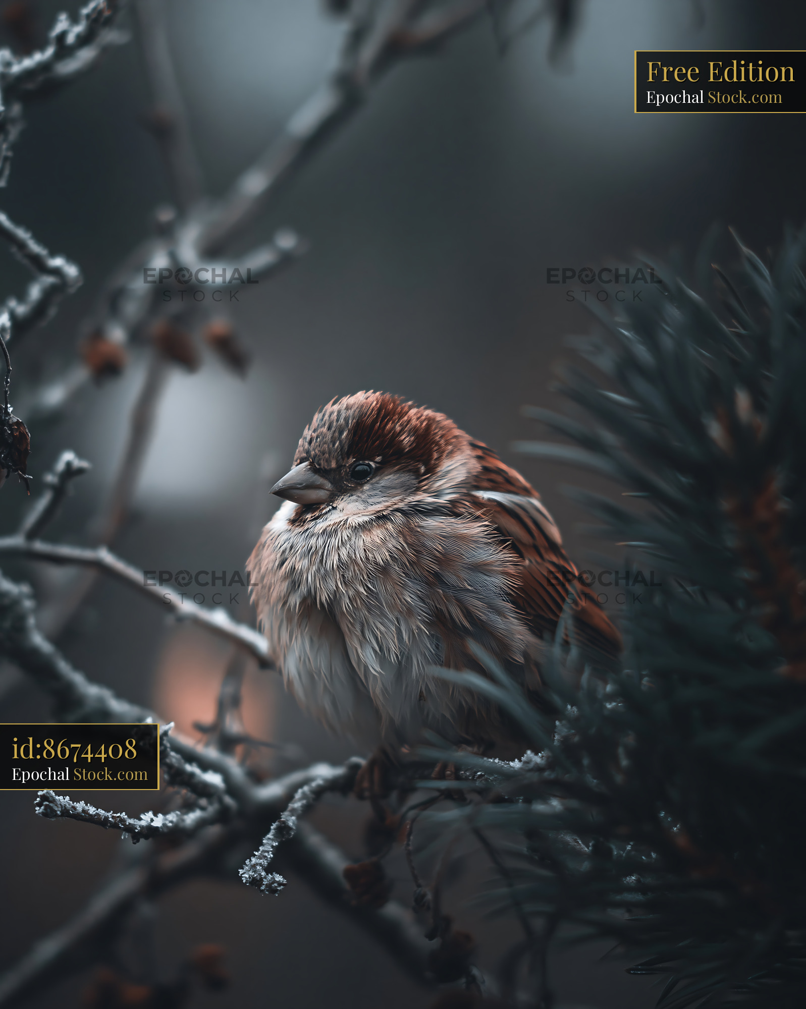 Small sparrow huddled on a bare frosted branch in winter - stock photo