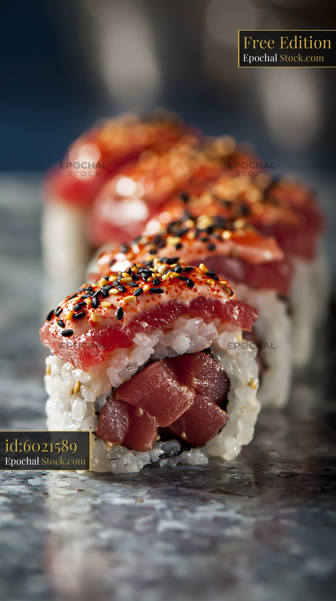 Sriracha mayo tuna sushi rolls with sesame seeds - stock photo