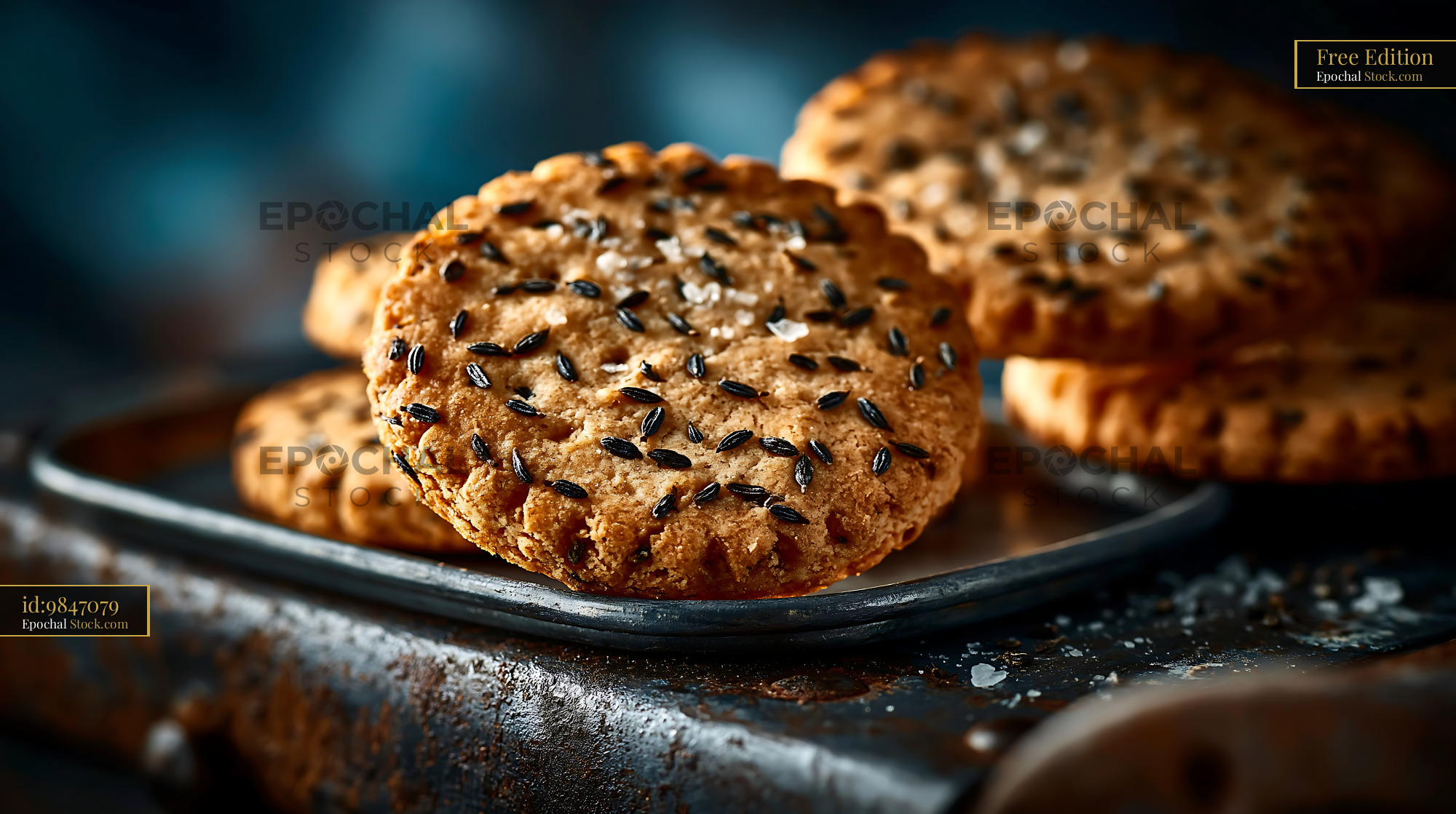 Savory caraway seed biscuits with sea salt on a rustic metal tray - stock photo