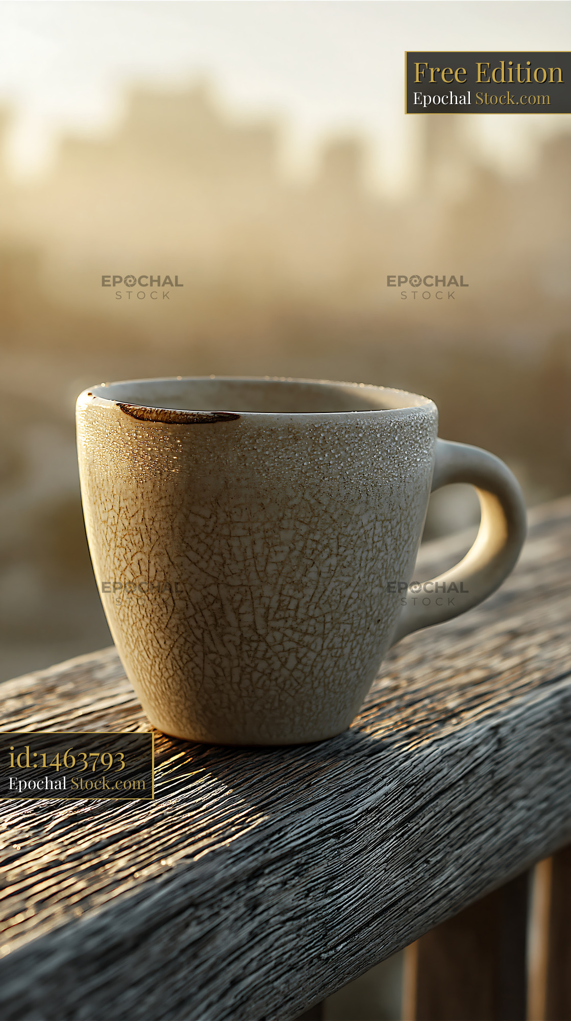 Ceramic coffee cup on wooden balcony railing with blurred city view - stock photo