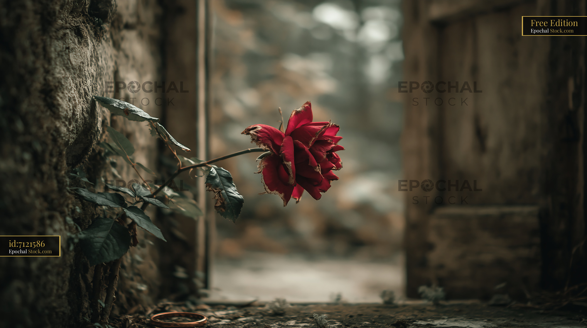 Wilting red rose against weathered stone wall with a golden ring - stock photo