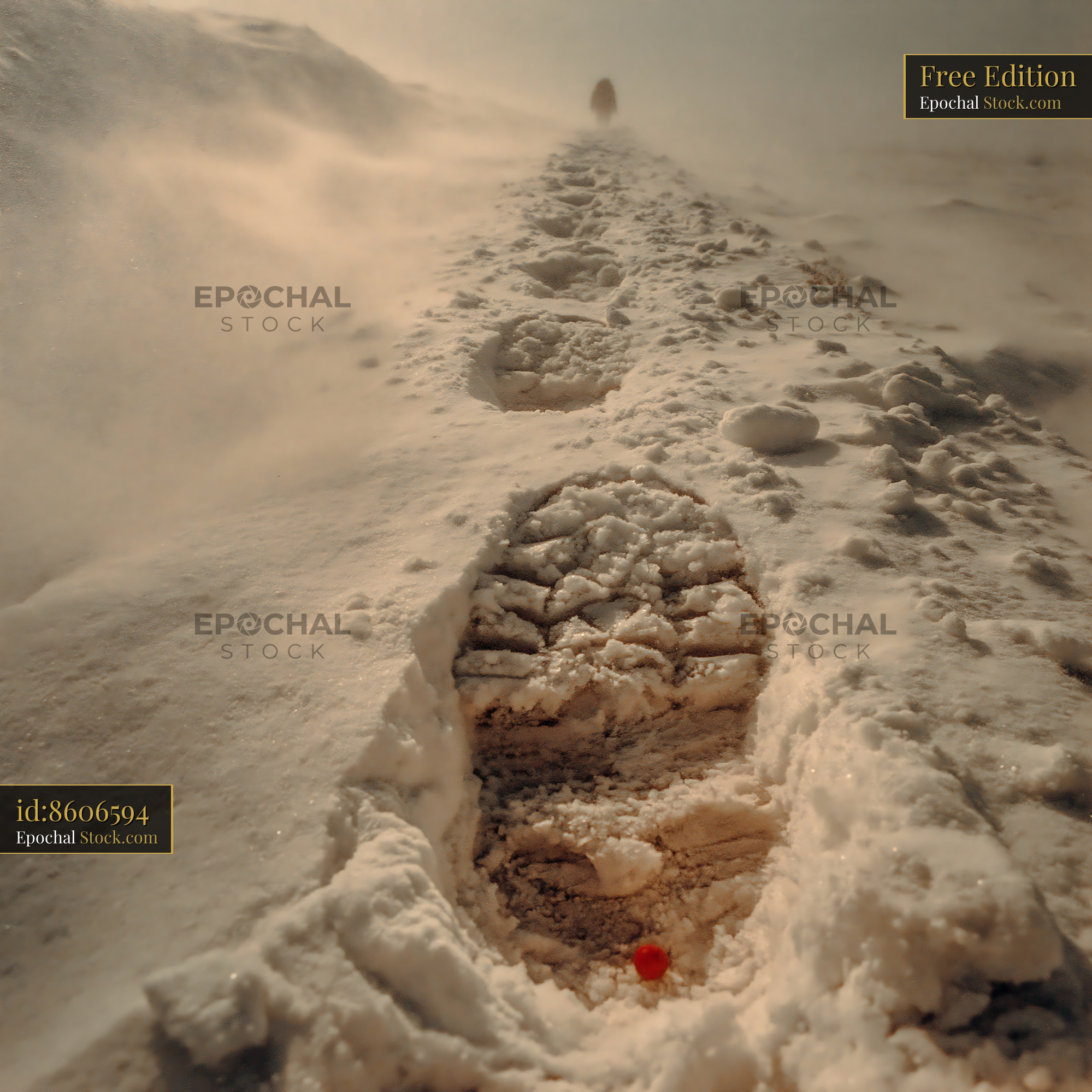 Trail of footprints in deep snow with a distant hiker in a blizzard - stock photo