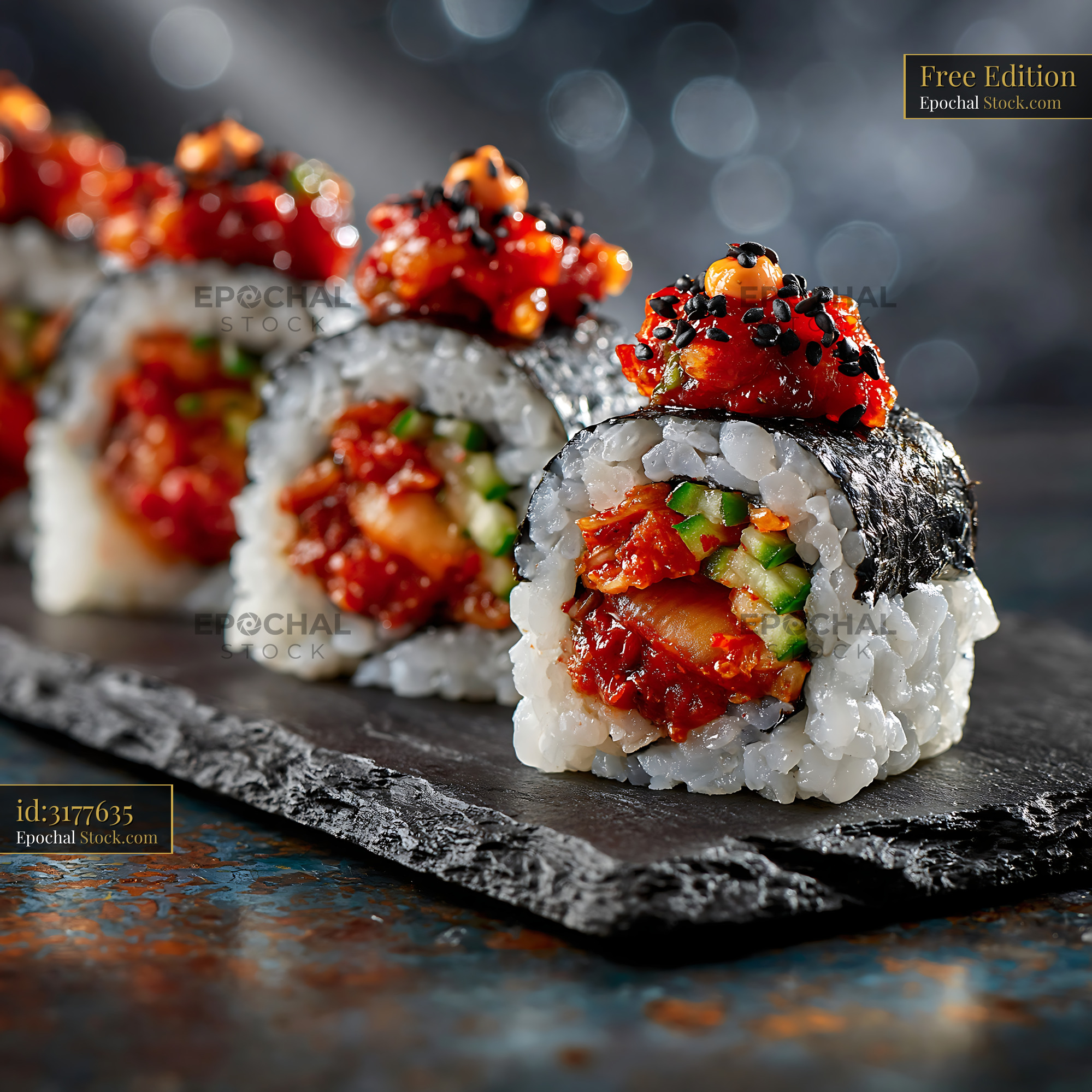 Kimchi fusion maki sushi rolls with spicy topping on slate board - stock photo