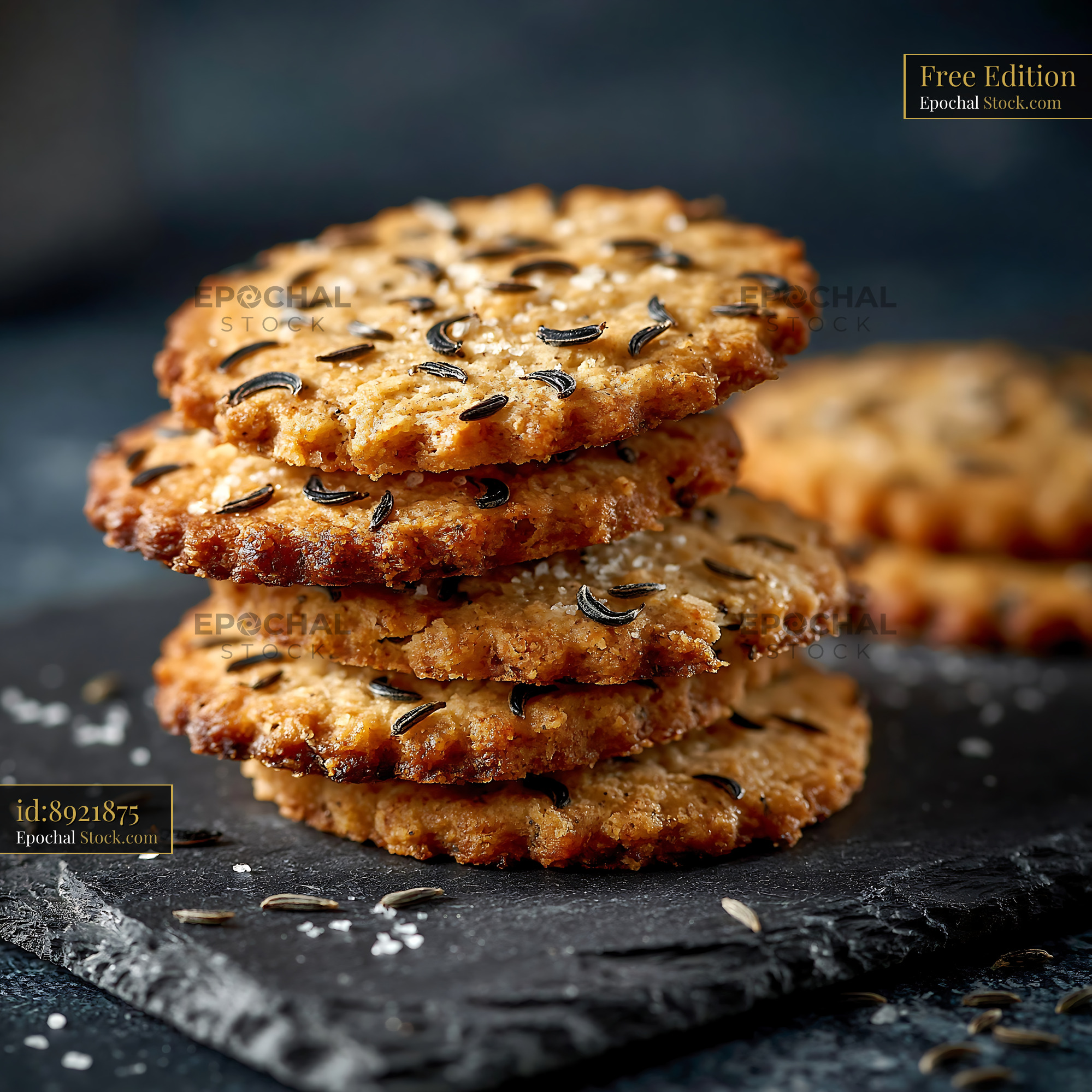 Stack of savory caraway seed biscuits with sea salt on a slate board - stock photo