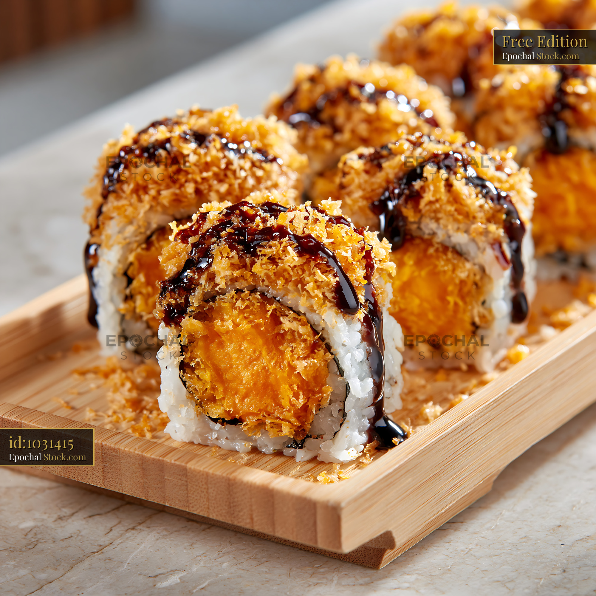 Crispy sweet potato crunch sushi rolls with panko and sweet glaze - stock photo