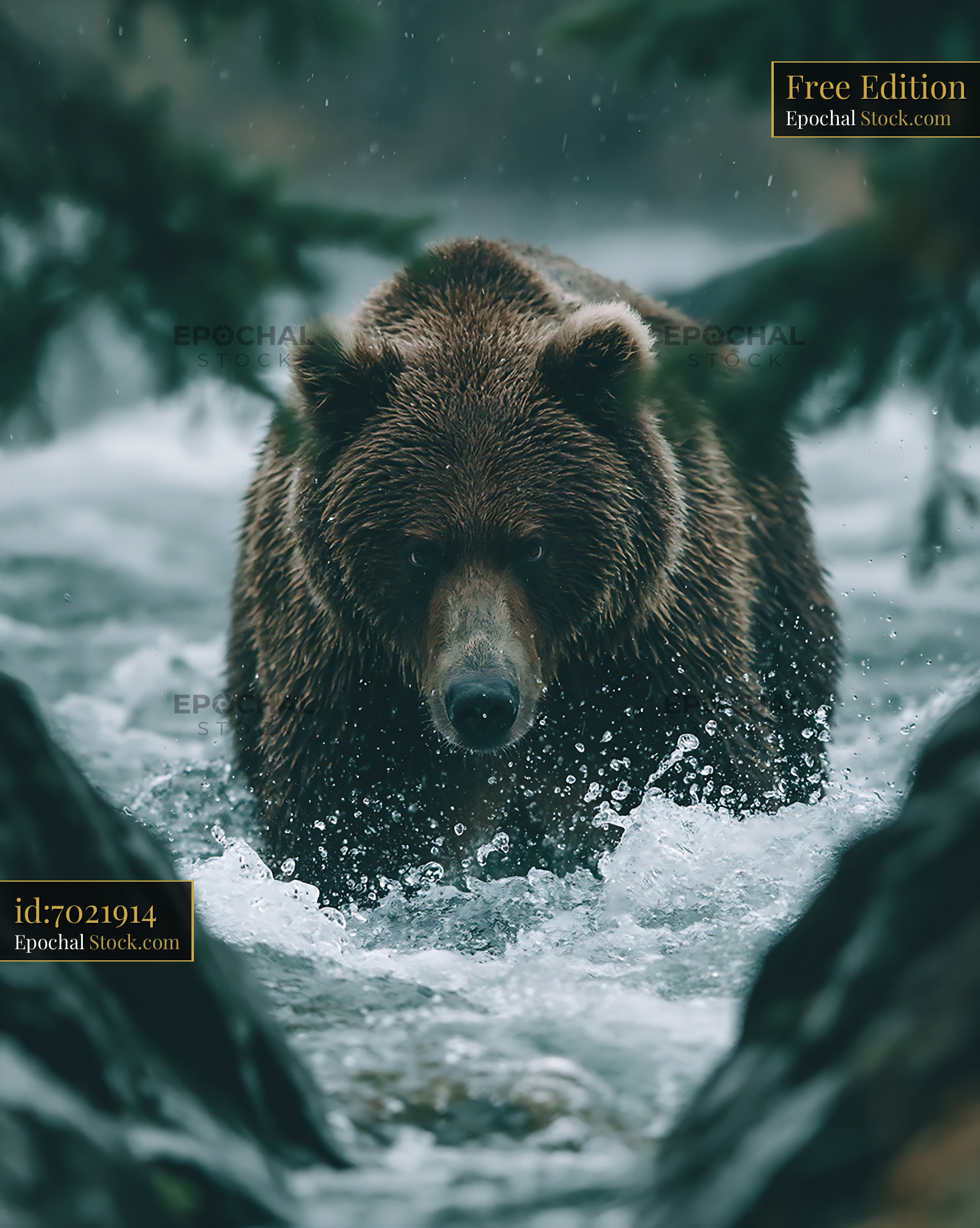 Brown bear wading through a rushing river in the rain - stock photo