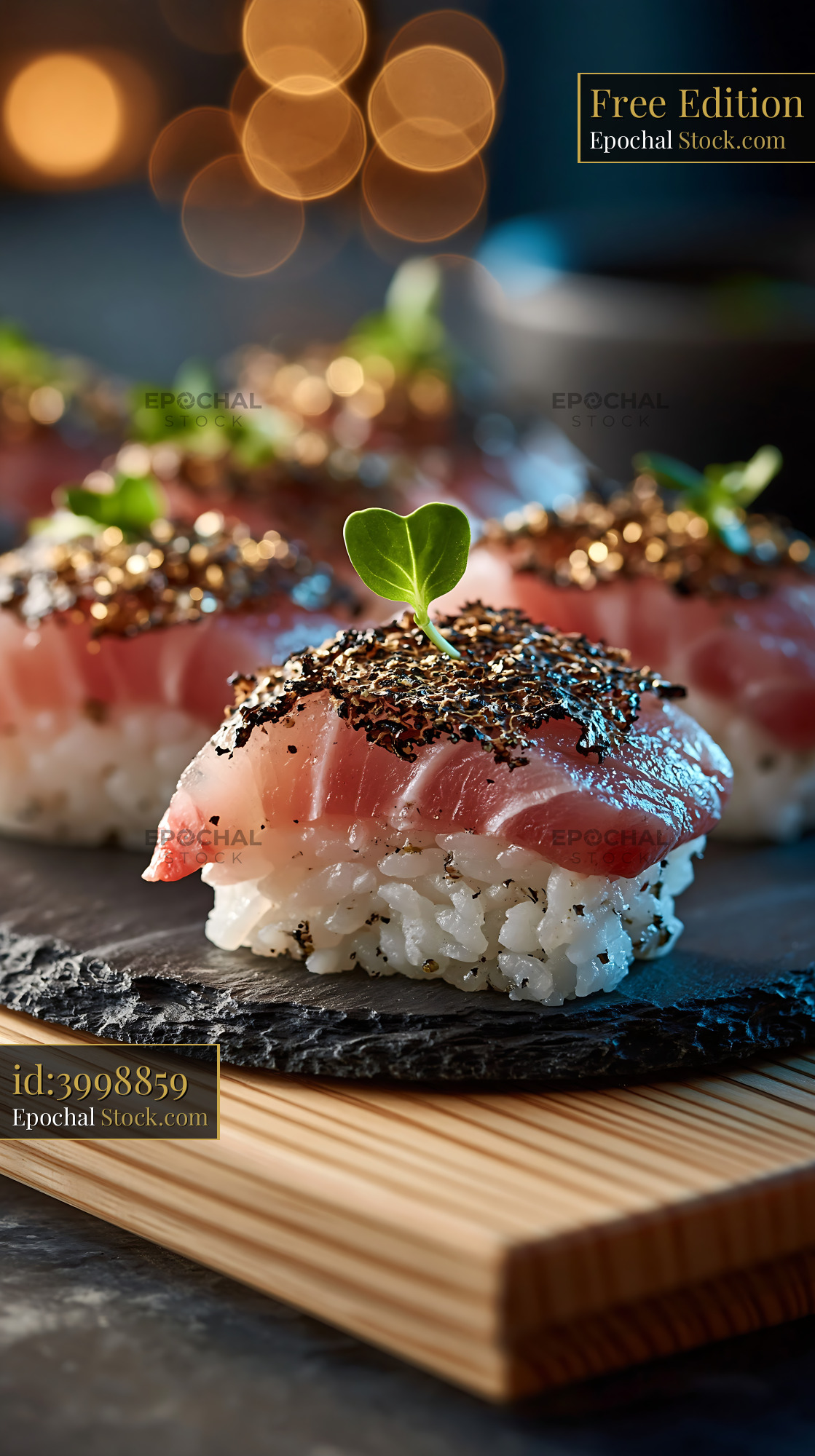 Gourmet truffle yellowtail sushi with microgreens on a slate plate - stock photo