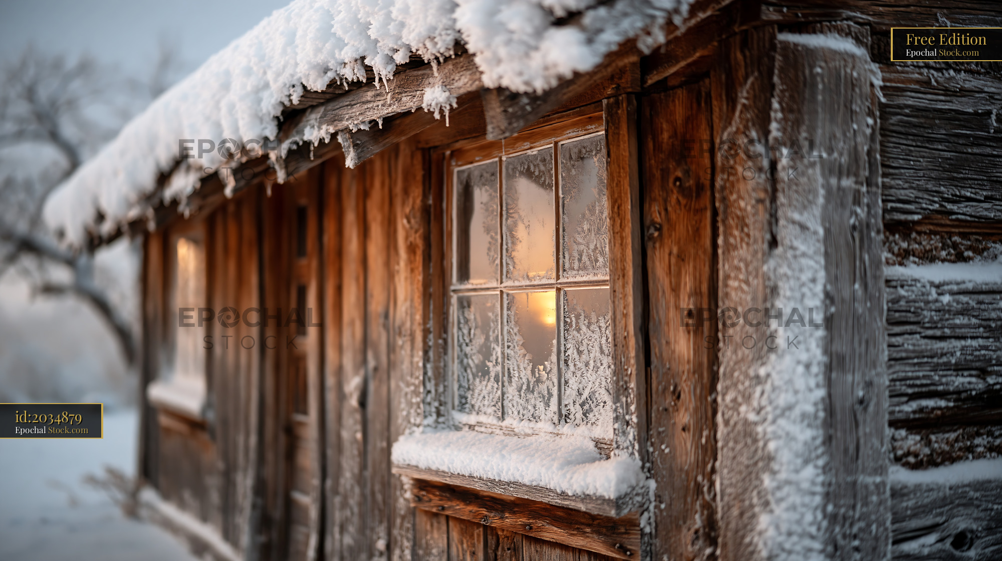 Rustic wooden cabin covered in snow at sunset with frosted windows - stock photo