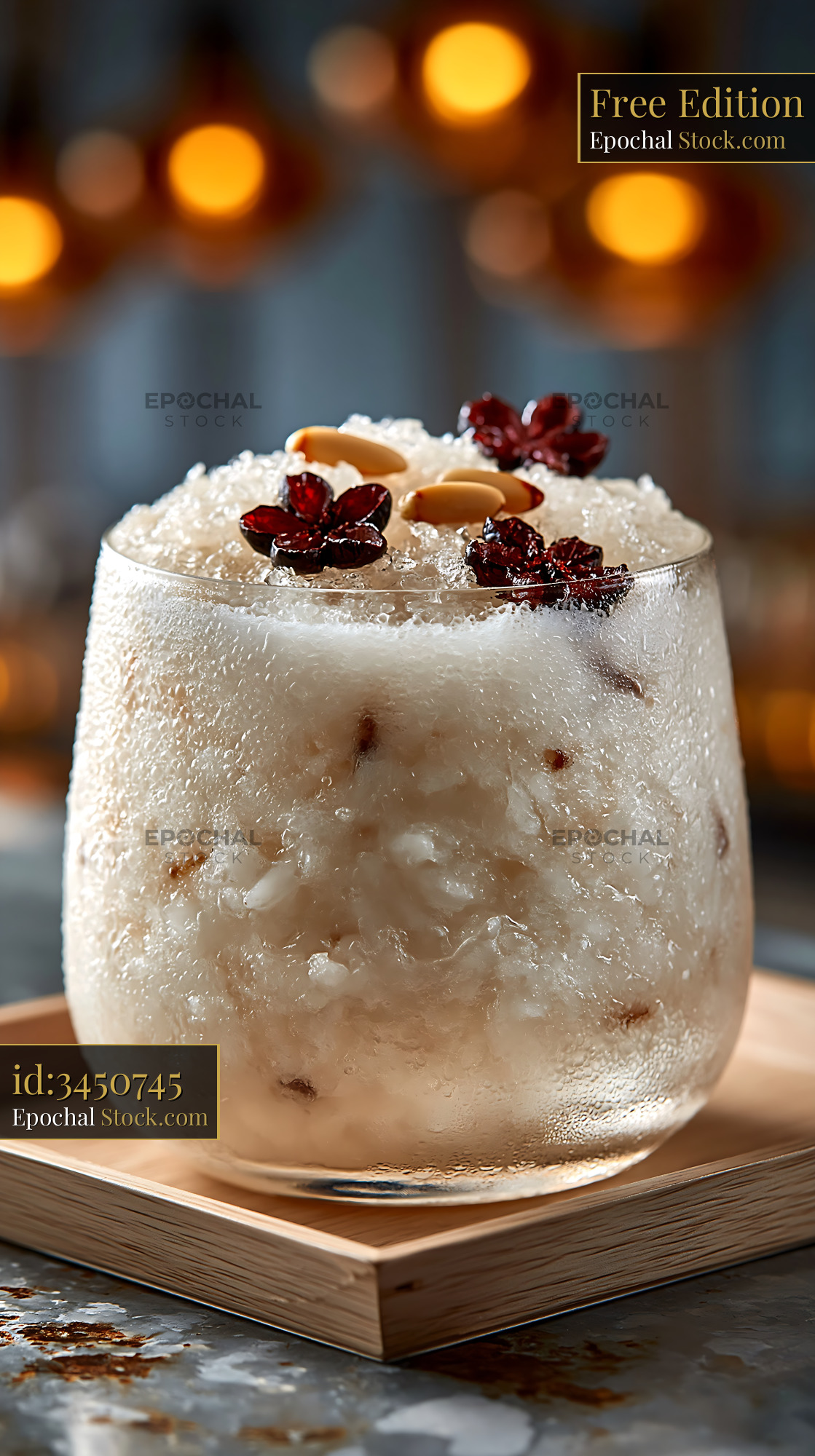 Refreshing sikhye rice smoothie with pine nuts and jujube garnish - stock photo