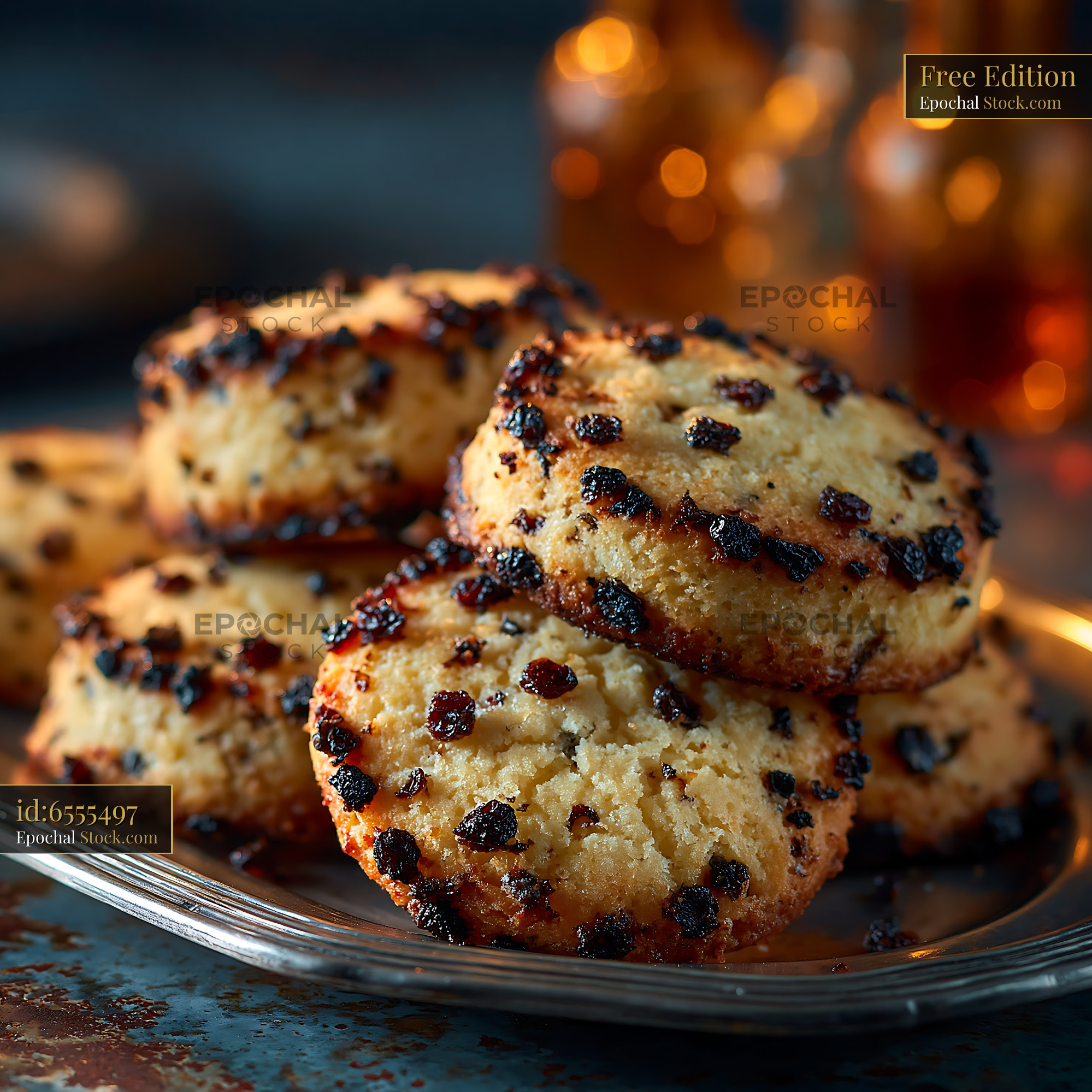 Shirini kishmishi biscuits on a silver plate with warm bokeh lights - stock photo