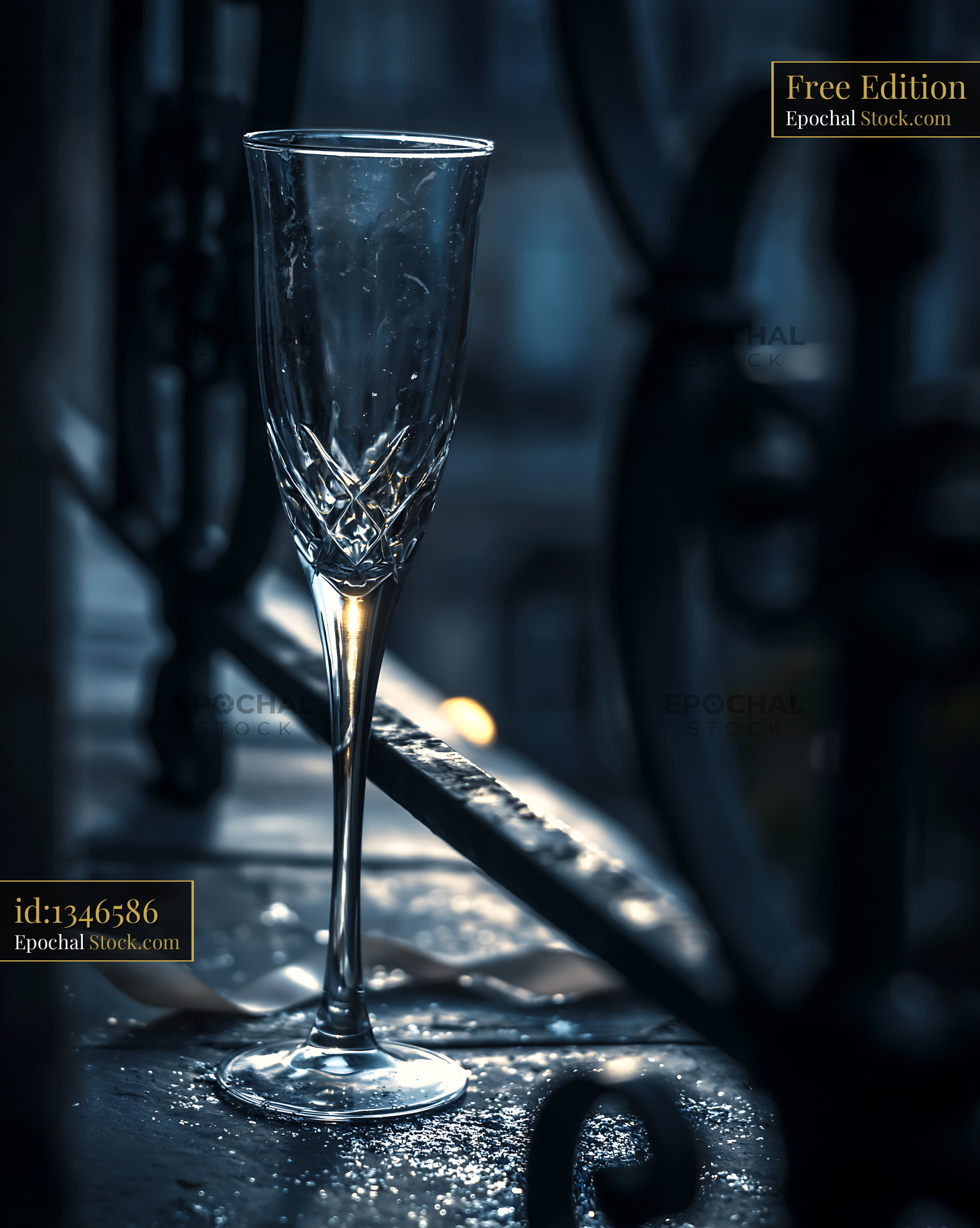 Crystal champagne flute on a balcony at dawn in early spring - stock photo