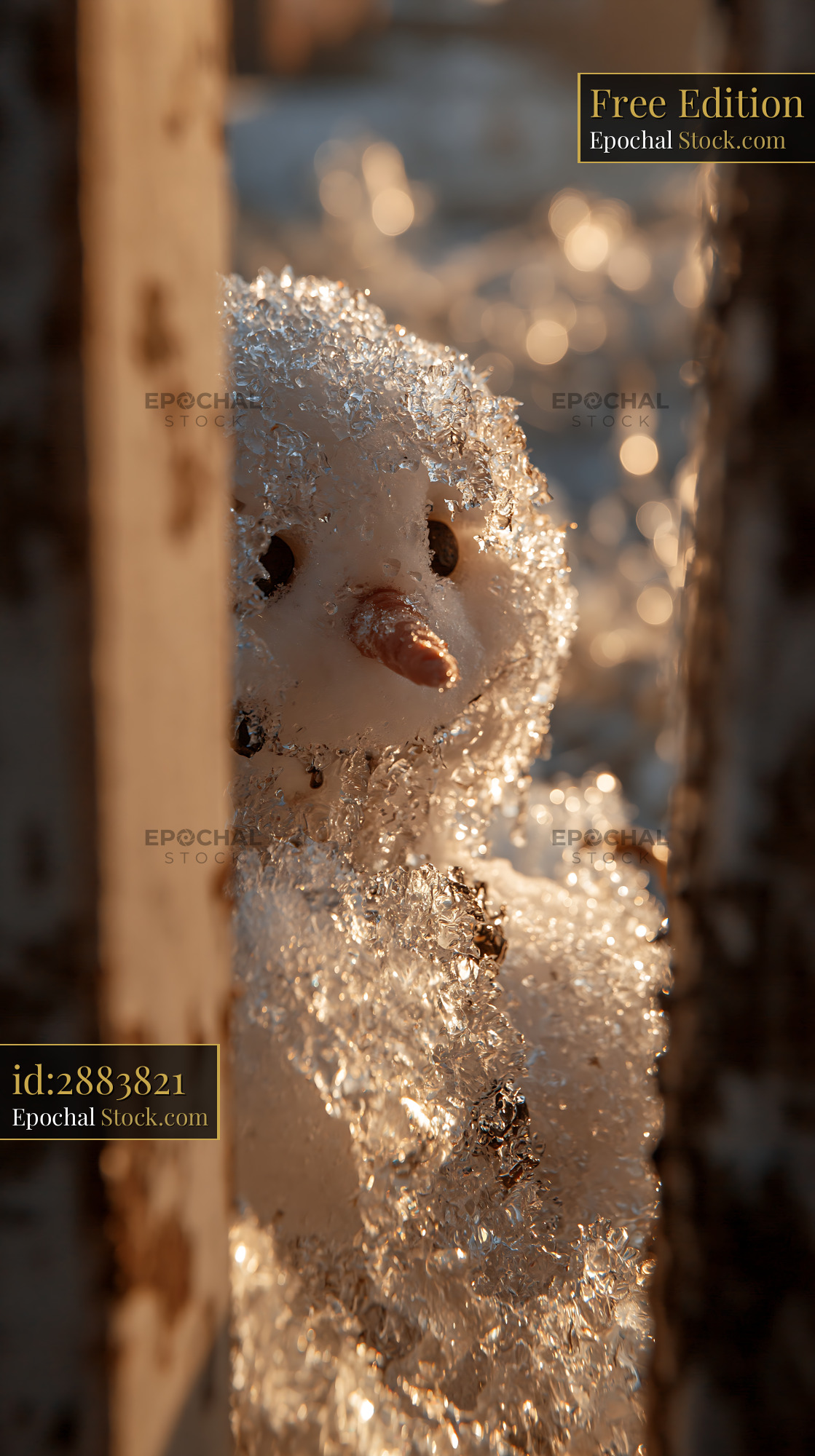 Small melting snowman in golden spring sunlight peeking through a fenc - stock photo