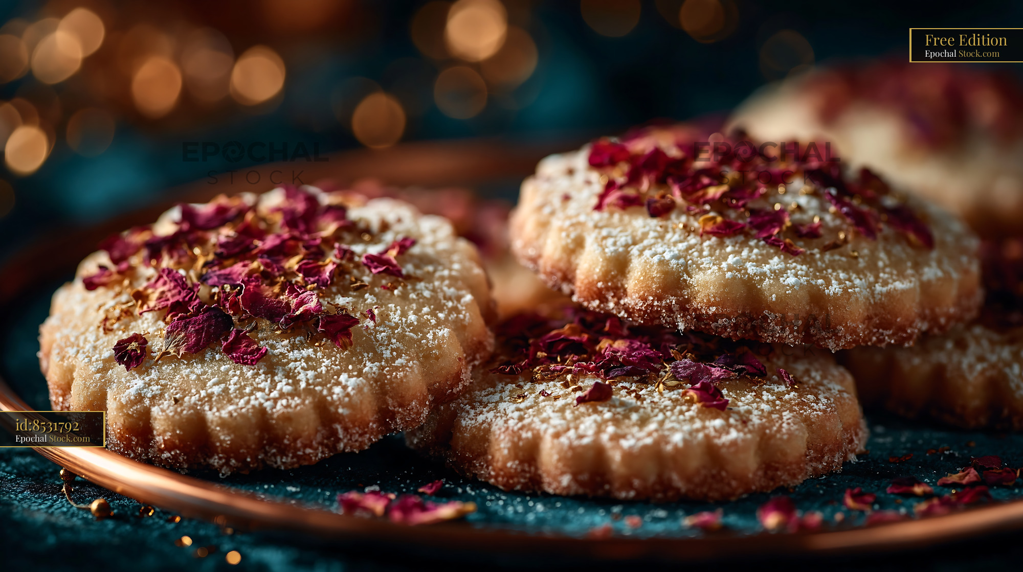 Rose water biscuits with dried petals and sugar on copper plate - stock photo