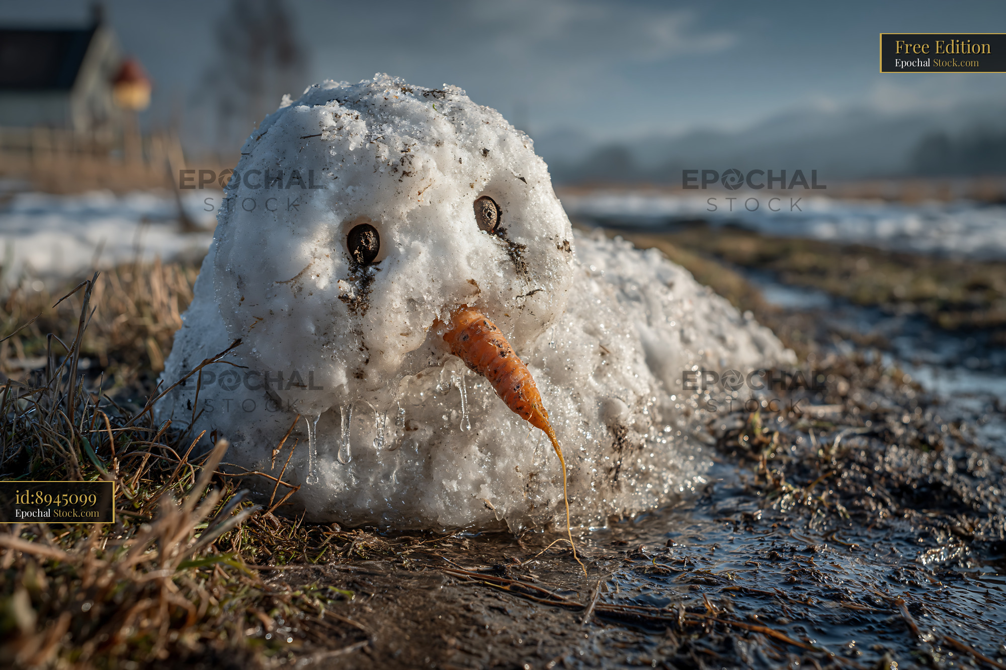 Melting snowman with carrot nose on muddy ground in spring sun - stock photo