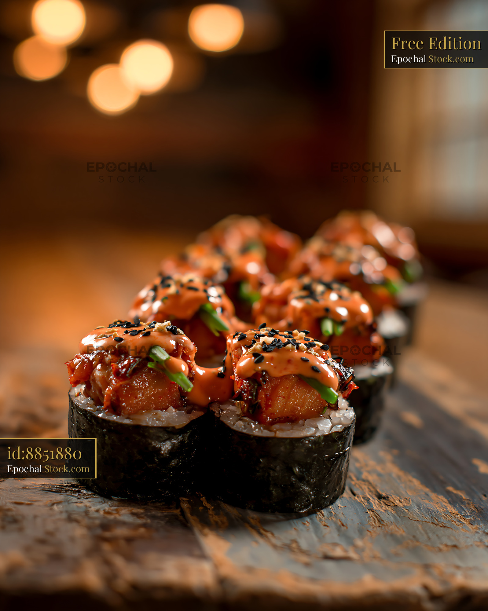 Gourmet kimchi fusion maki sushi rolls with spicy sauce on wooden boar - stock photo