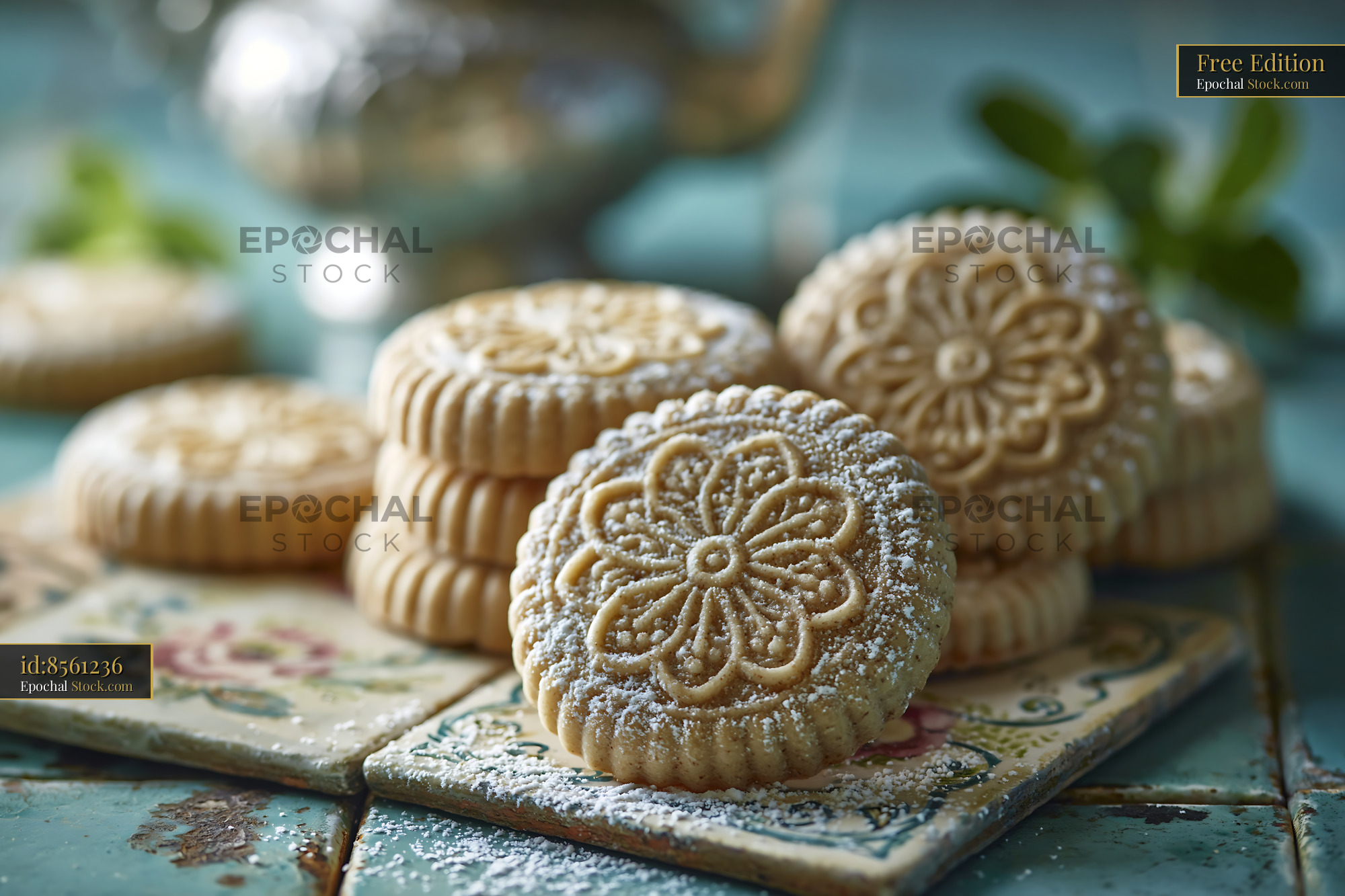 Traditional mahlab spice biscuits dusted with sugar on rustic tiles - stock photo