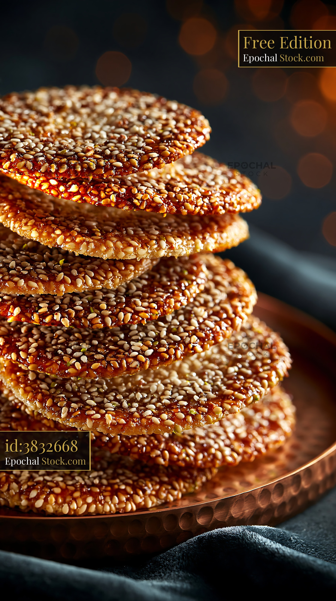 Stack of crispy barazek sesame biscuits on a copper plate - stock photo