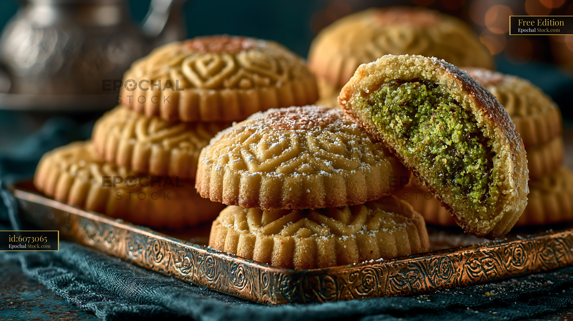 Traditional pistachio maamoul biscuits on a decorative copper tray - stock photo