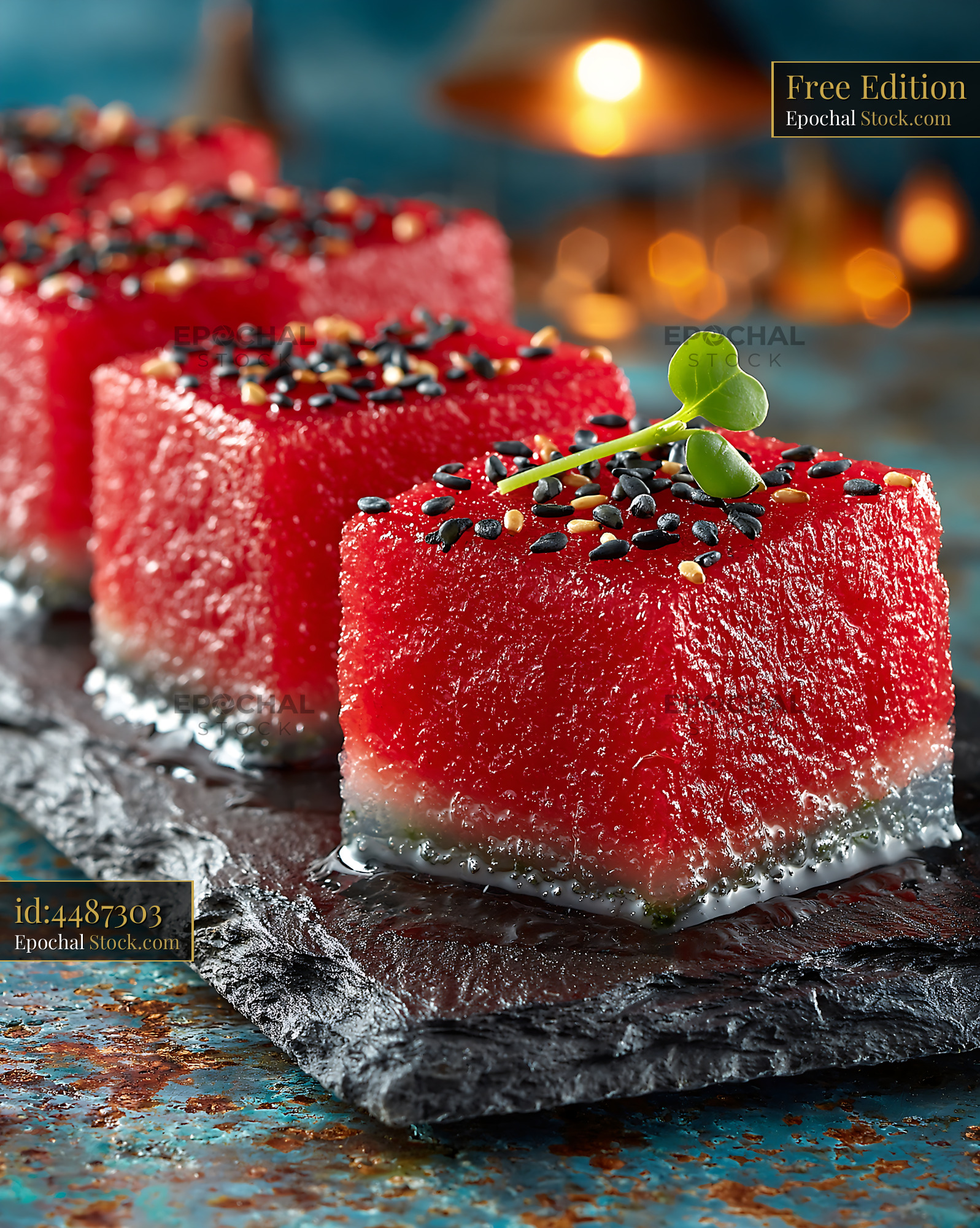 Watermelon tuna sushi cubes with sesame seeds on a slate platter - stock photo