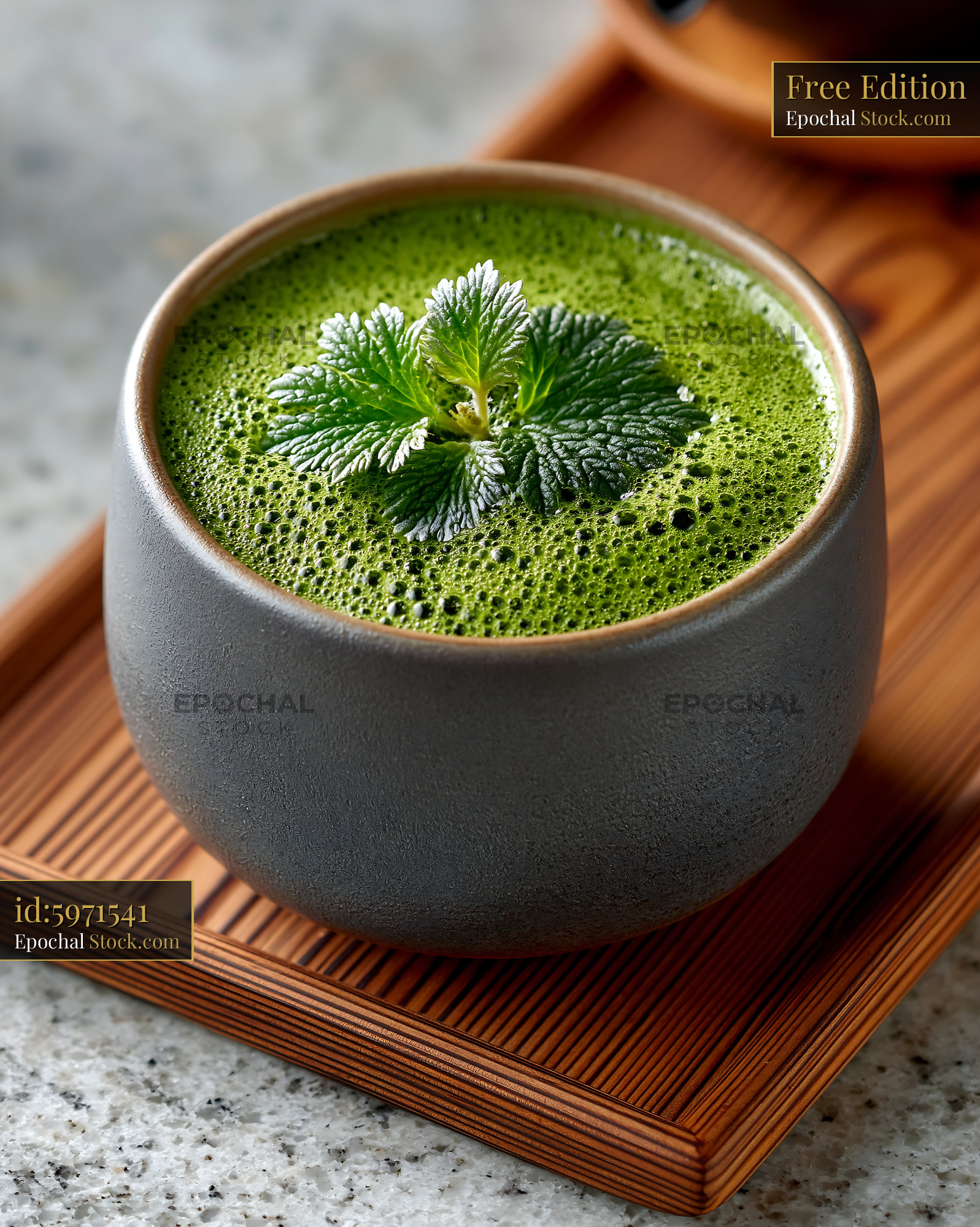 Green mugwort herb smoothie with fresh garnish in a ceramic bowl - stock photo