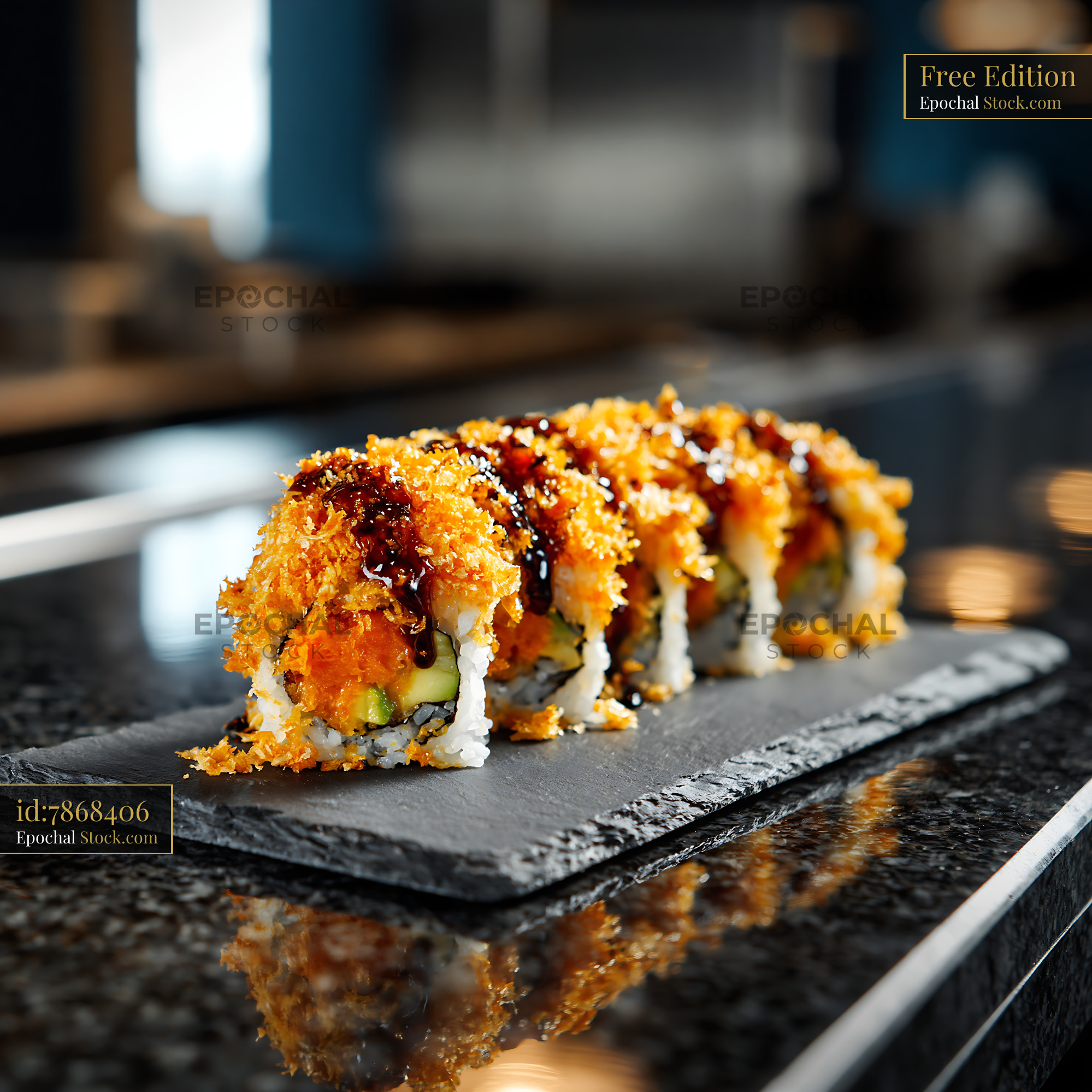 Sweet potato crunch sushi rolls with panko and savory sauce - stock photo