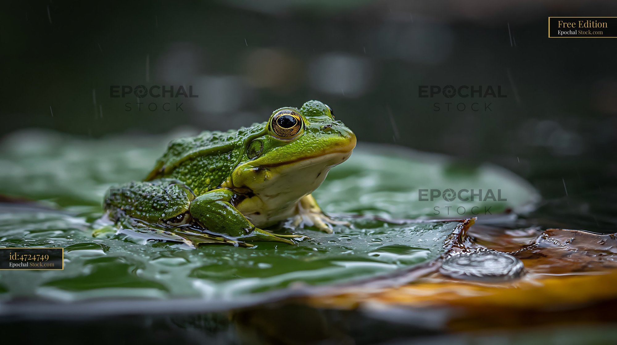 Green frog sitting on a lily pad during a gentle rain shower - stock photo