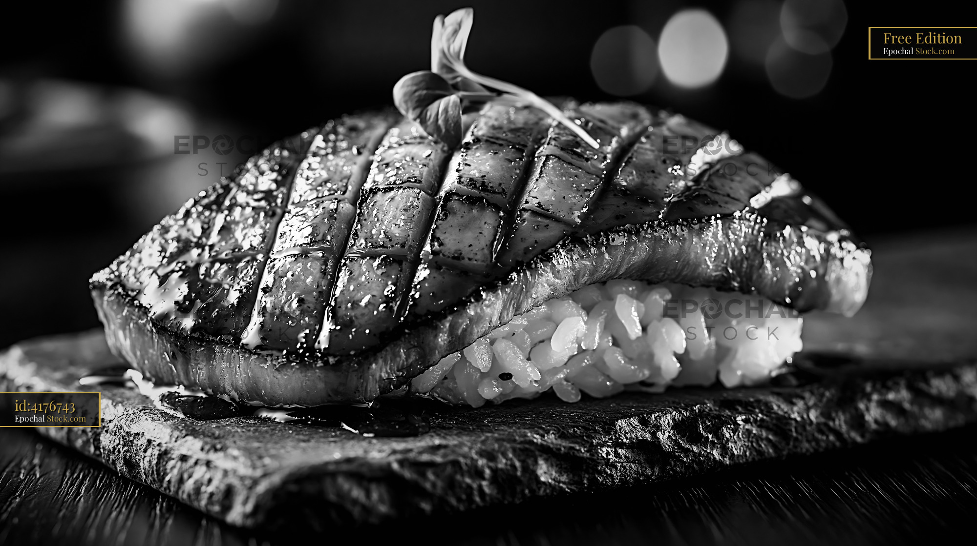 Gourmet king oyster mushroom sushi with grilled texture on dark slate - stock photo