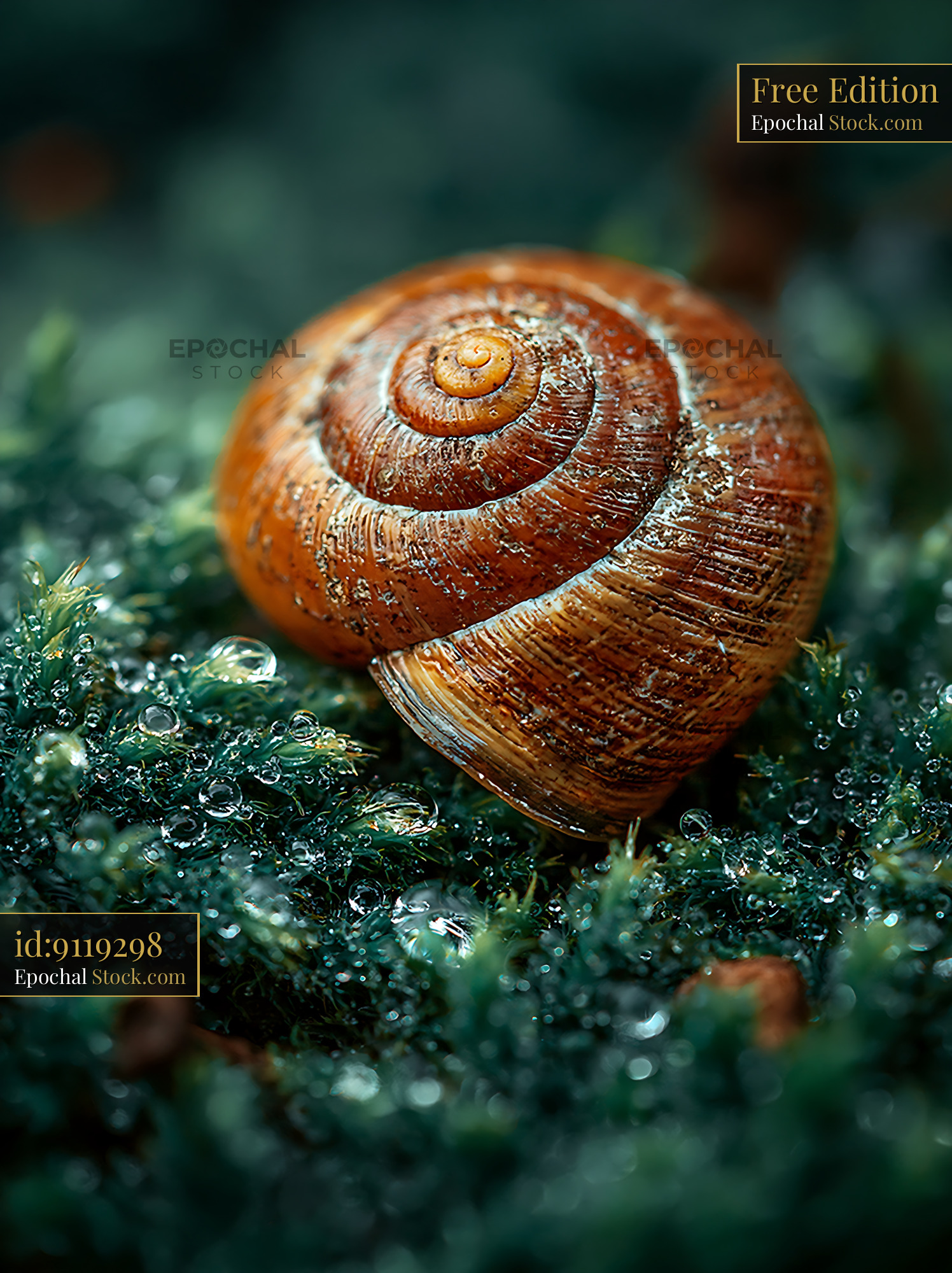 Brown spiral snail shell on wet moss with sparkling dew droplets - stock photo