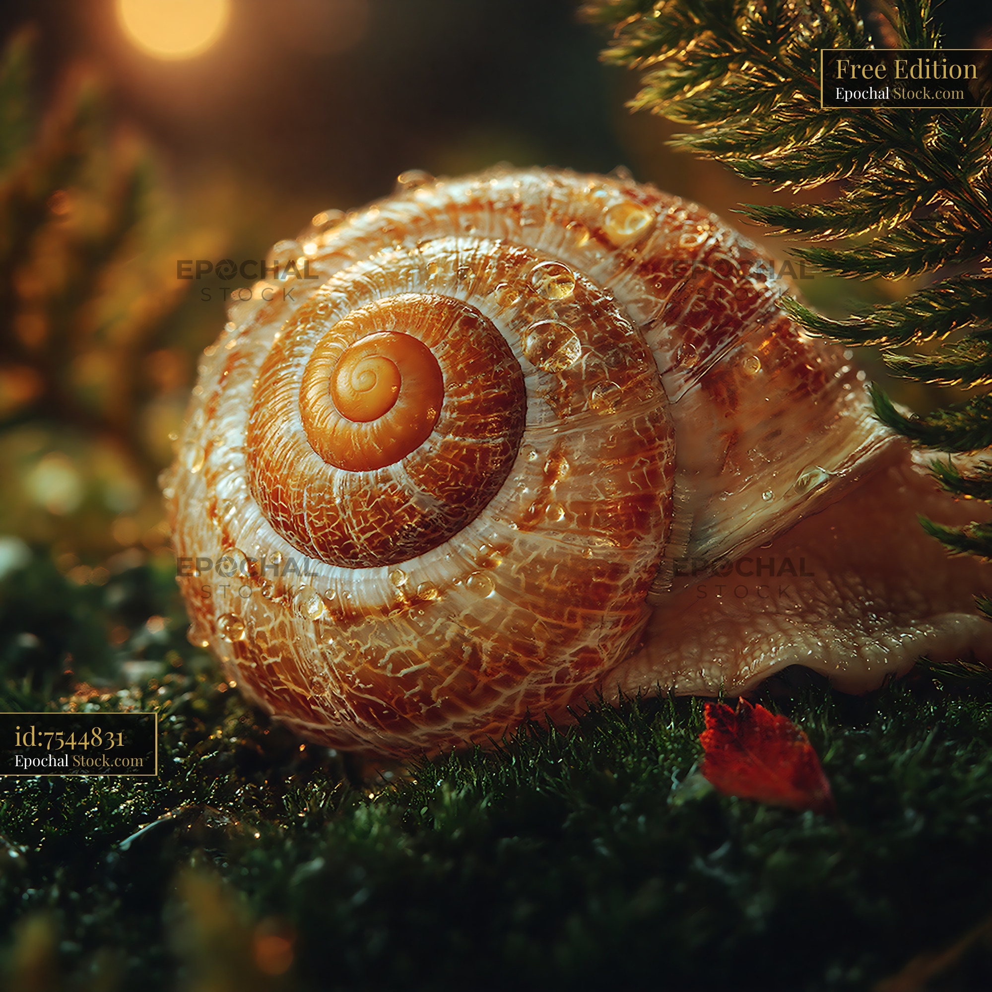 Snail shell with water droplets on wet moss in golden forest light - stock photo