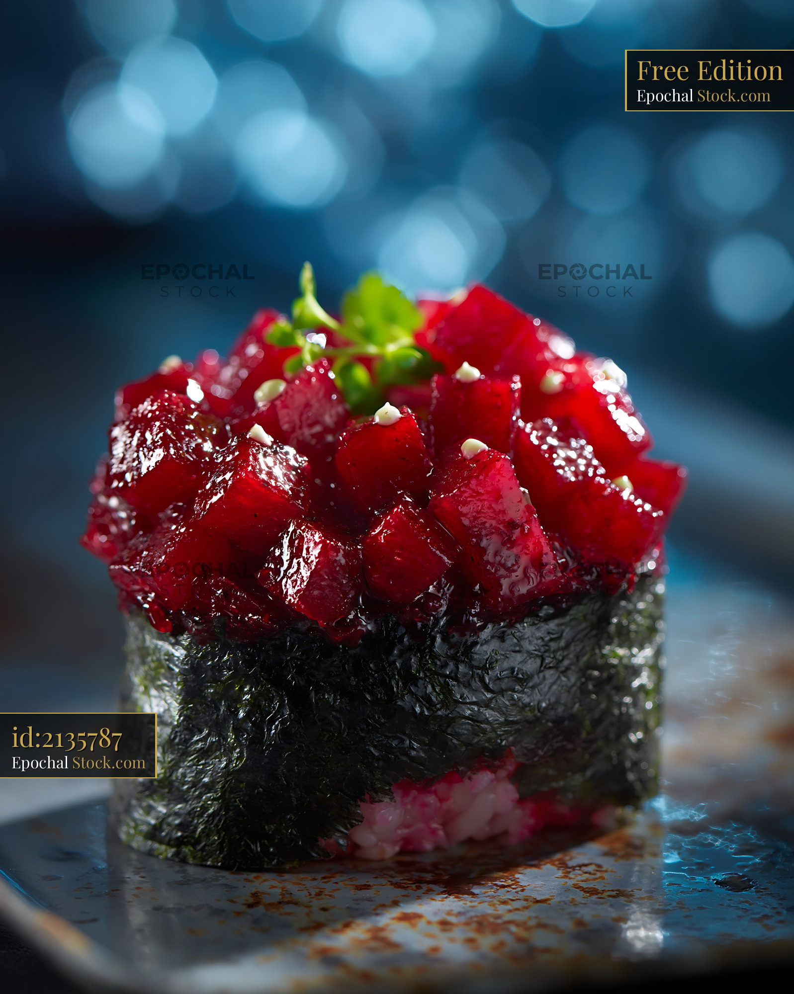 Gourmet beet tartare sushi gunkan with microgreens on a rustic plate - stock photo