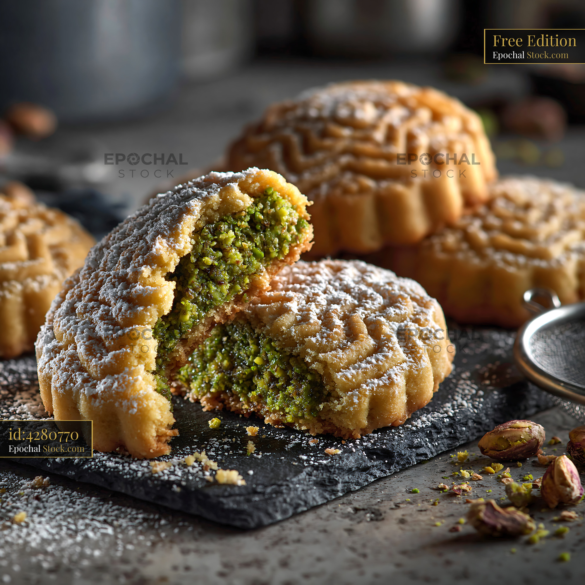 Traditional Middle Eastern pistachio maamoul biscuits dusted with suga - stock photo