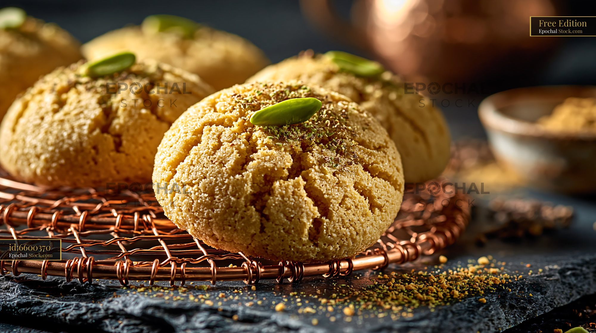 Cardamom chickpea biscuits with pistachios on a copper cooling rack - stock photo