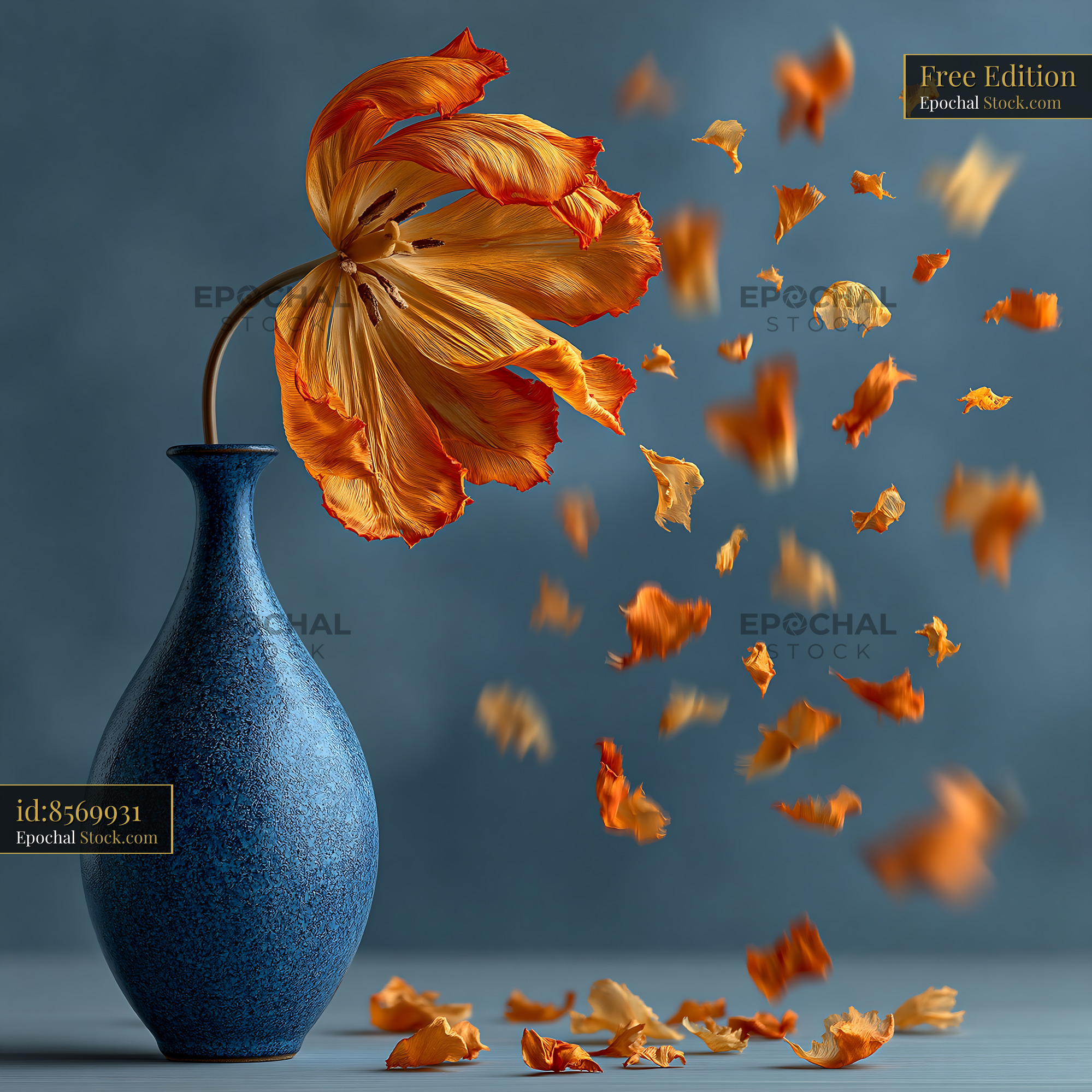 Single wilted orange tulip in a blue vase with petals falling away - stock photo