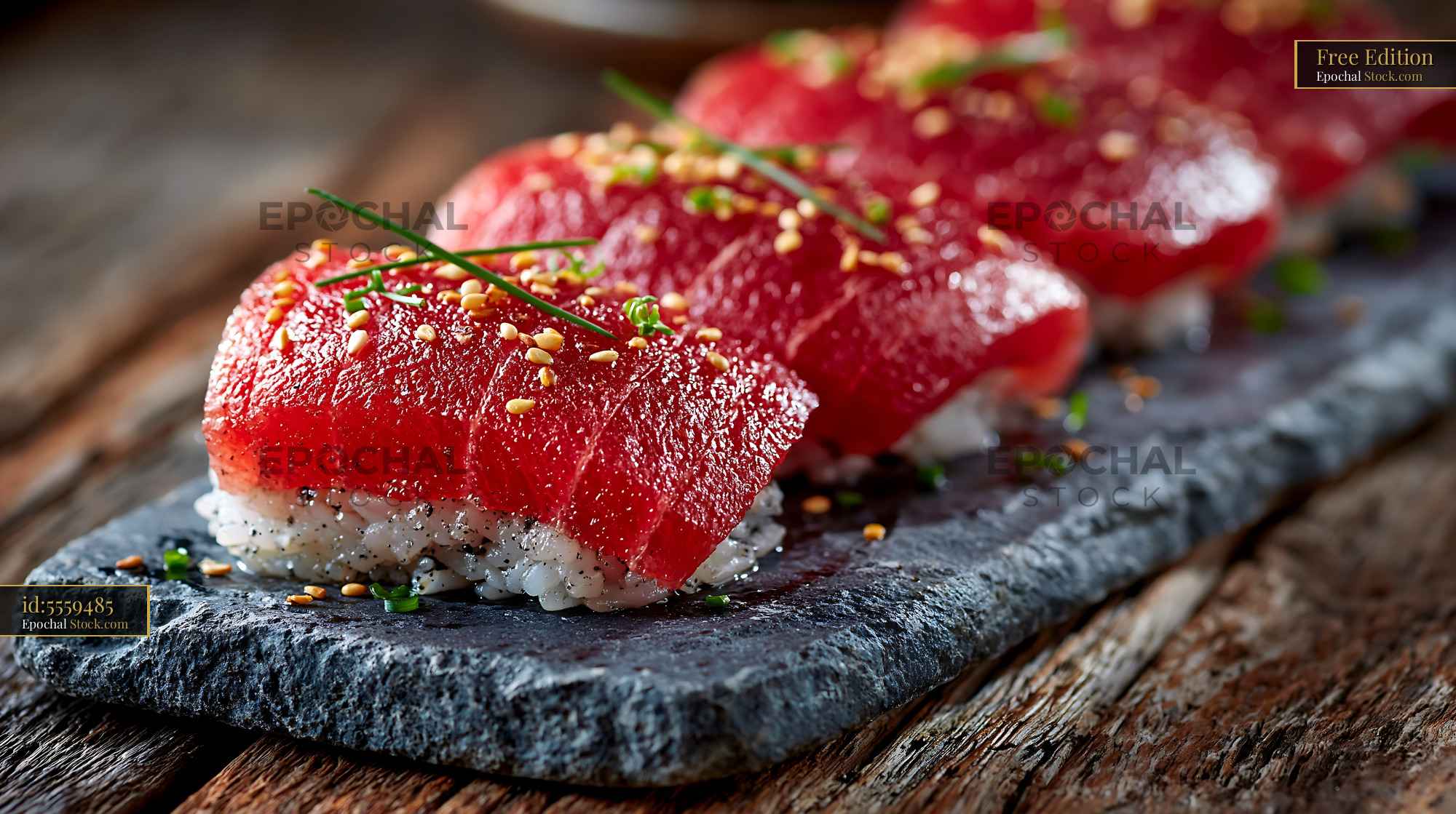 Vegan watermelon tuna sushi nigiri on a slate platter - stock photo