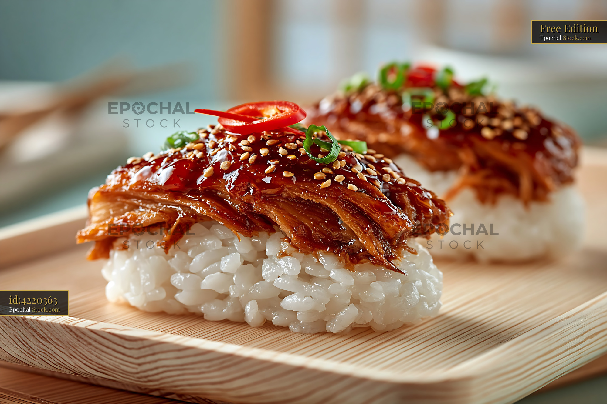 Vegan jackfruit nigiri sushi with chili and sesame on a wooden tray - stock photo