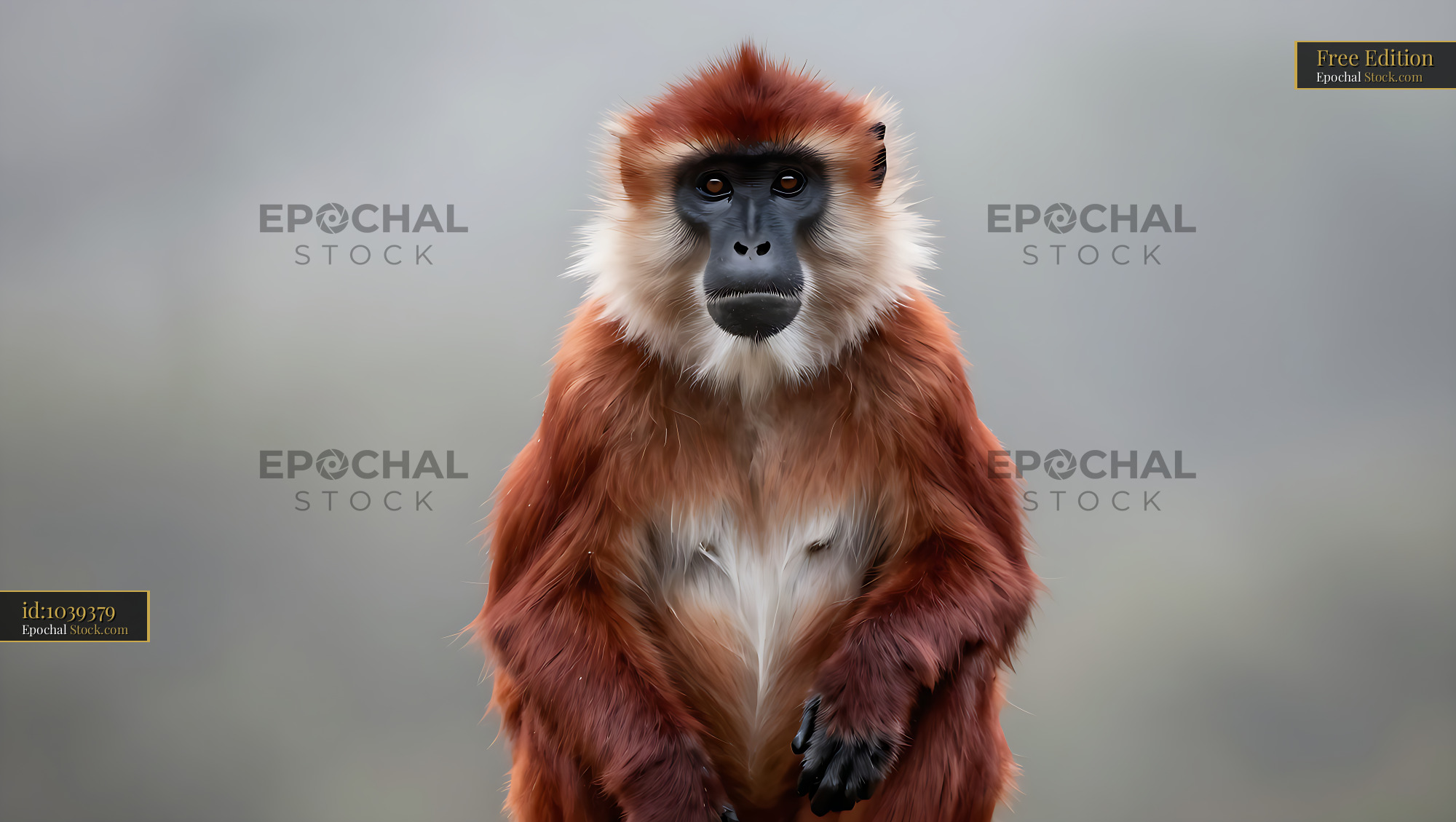 Patas monkey with vibrant reddish fur looking directly at the camera - stock photo