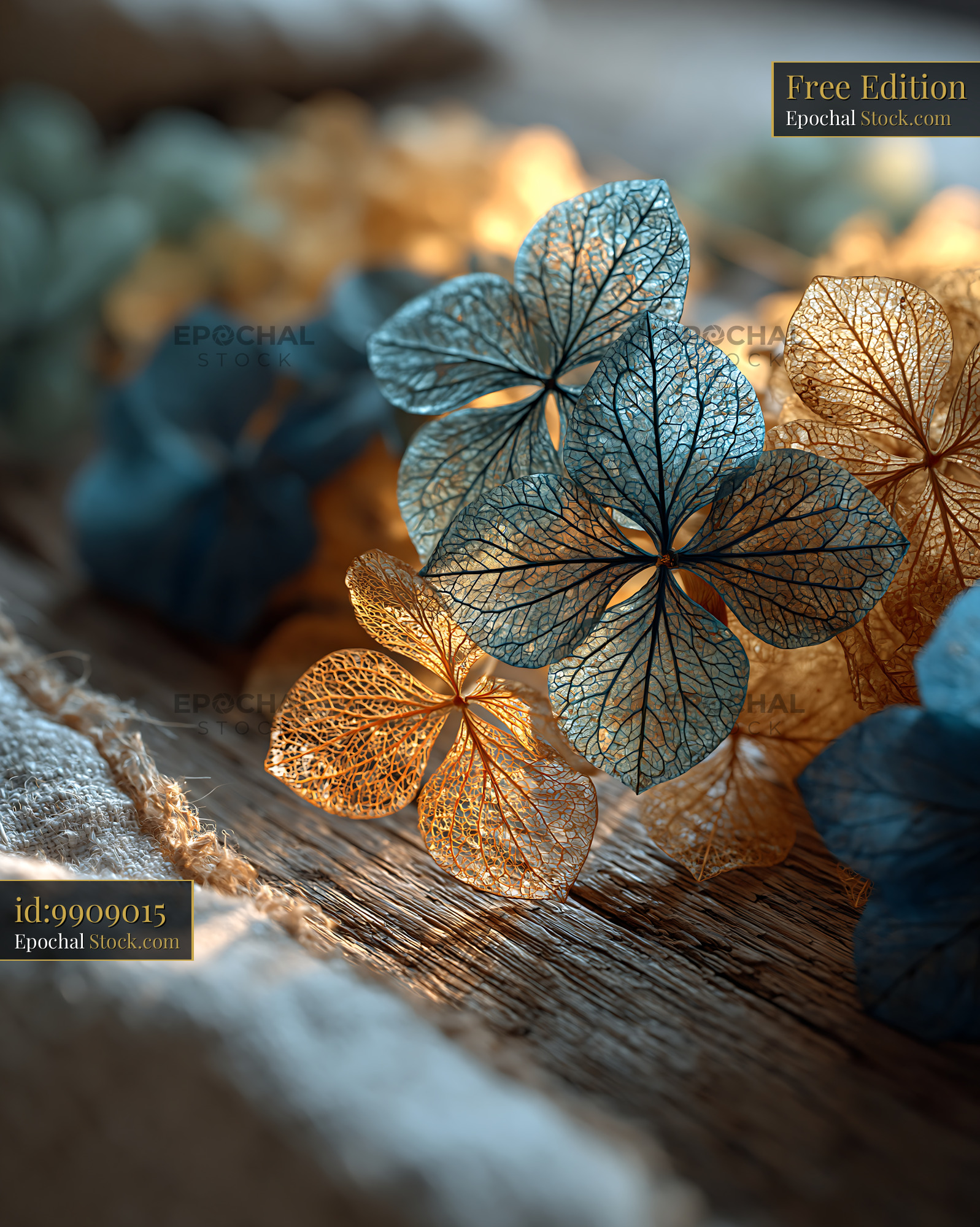 Dried hydrangea flowers with delicate veins on a rustic wooden table - stock photo