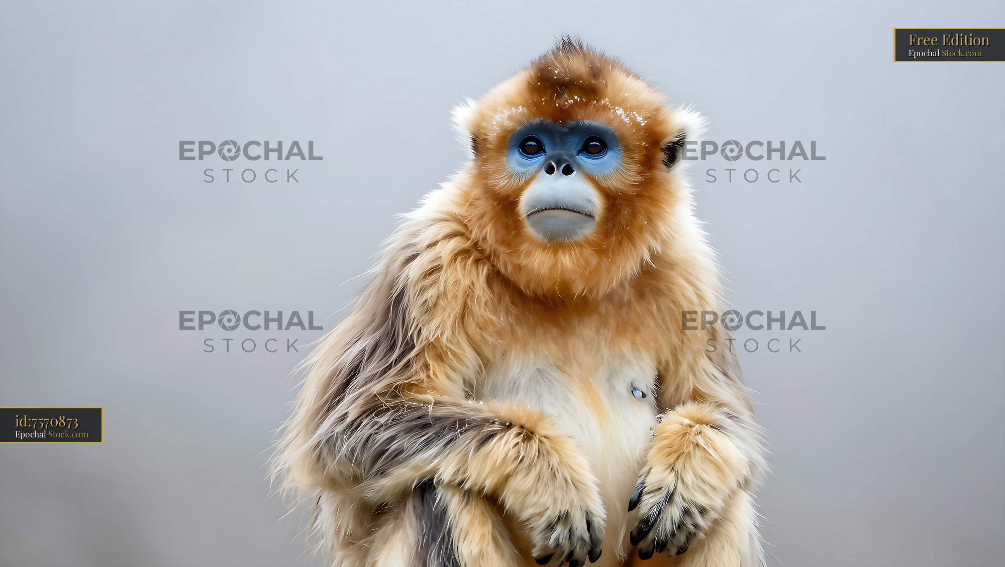 Golden snub-nosed monkey with blue face sitting in the mist - stock photo