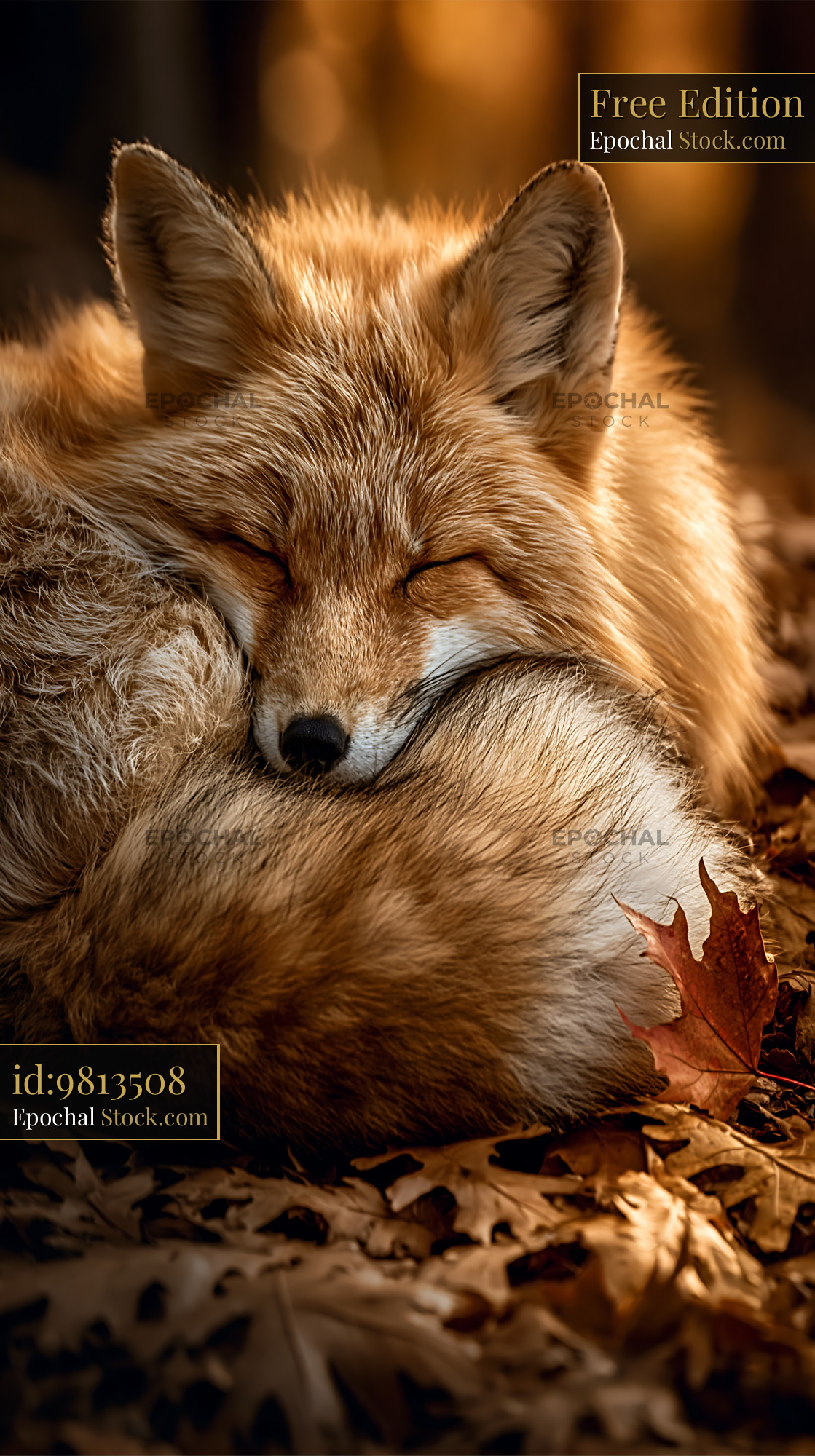 Red fox sleeping peacefully on autumn leaves in golden sunlight - stock photo