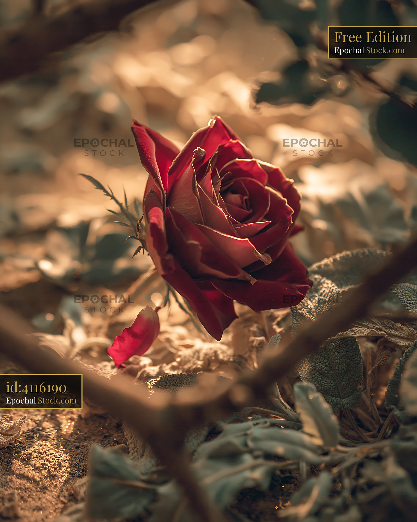 Single red rose glowing in warm sunlight at the end of summer - stock photo