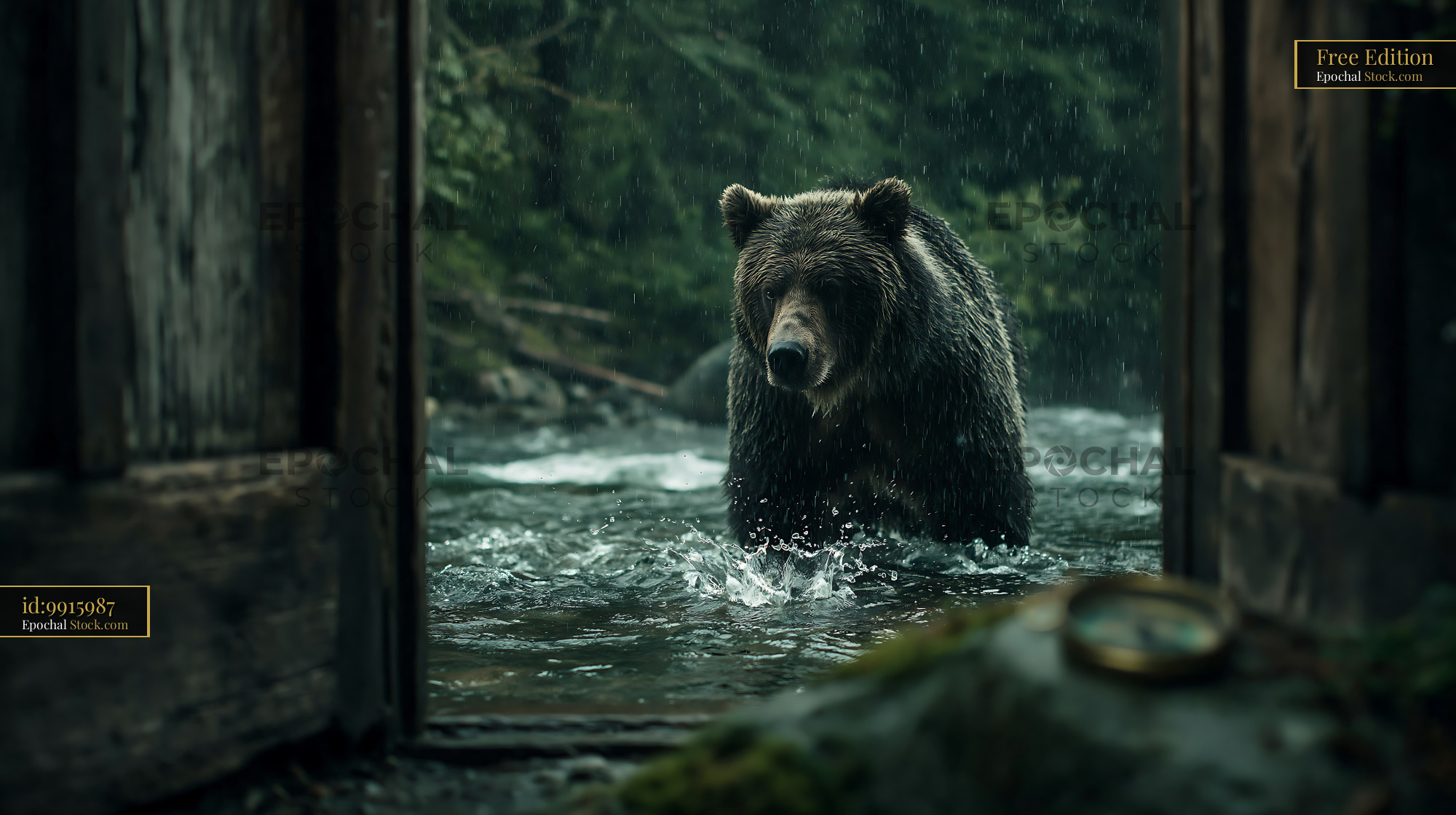 Brown bear wading in a river during heavy rain seen through a doorway - stock photo