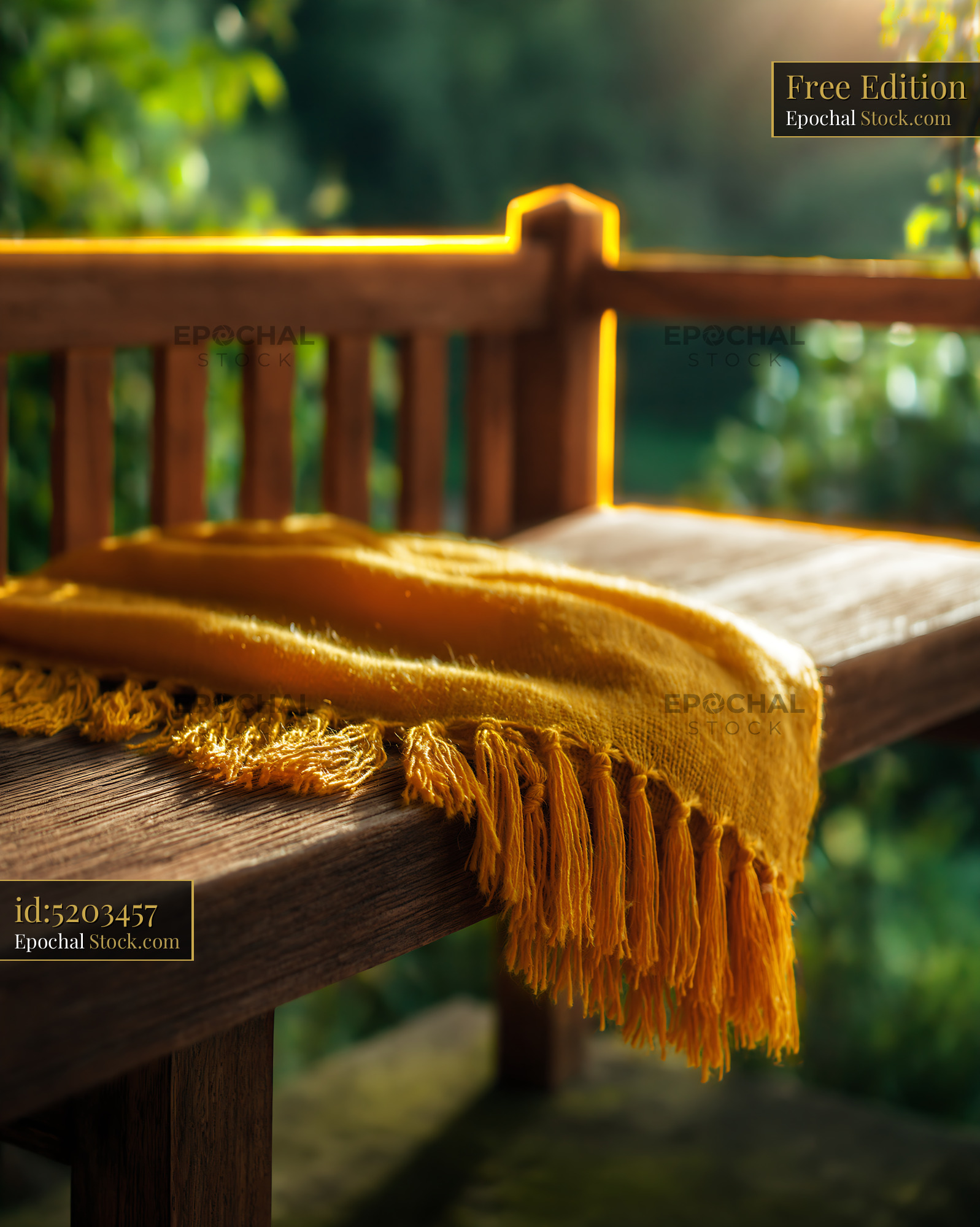 Cozy yellow throw blanket on a wooden balcony bench at sunset - stock photo