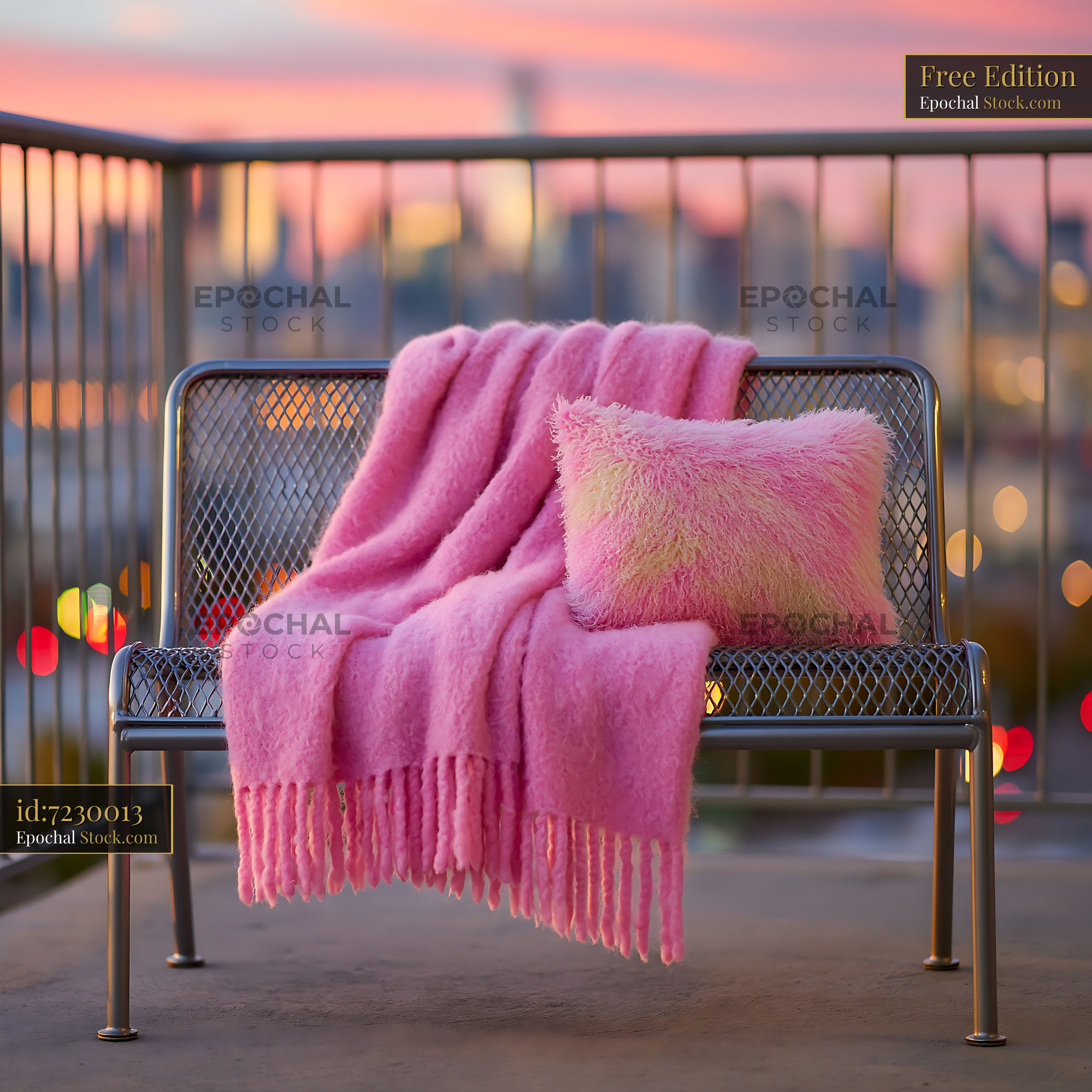 Pink fuzzy throw blanket and cushion on a metal balcony bench at sunse - stock photo