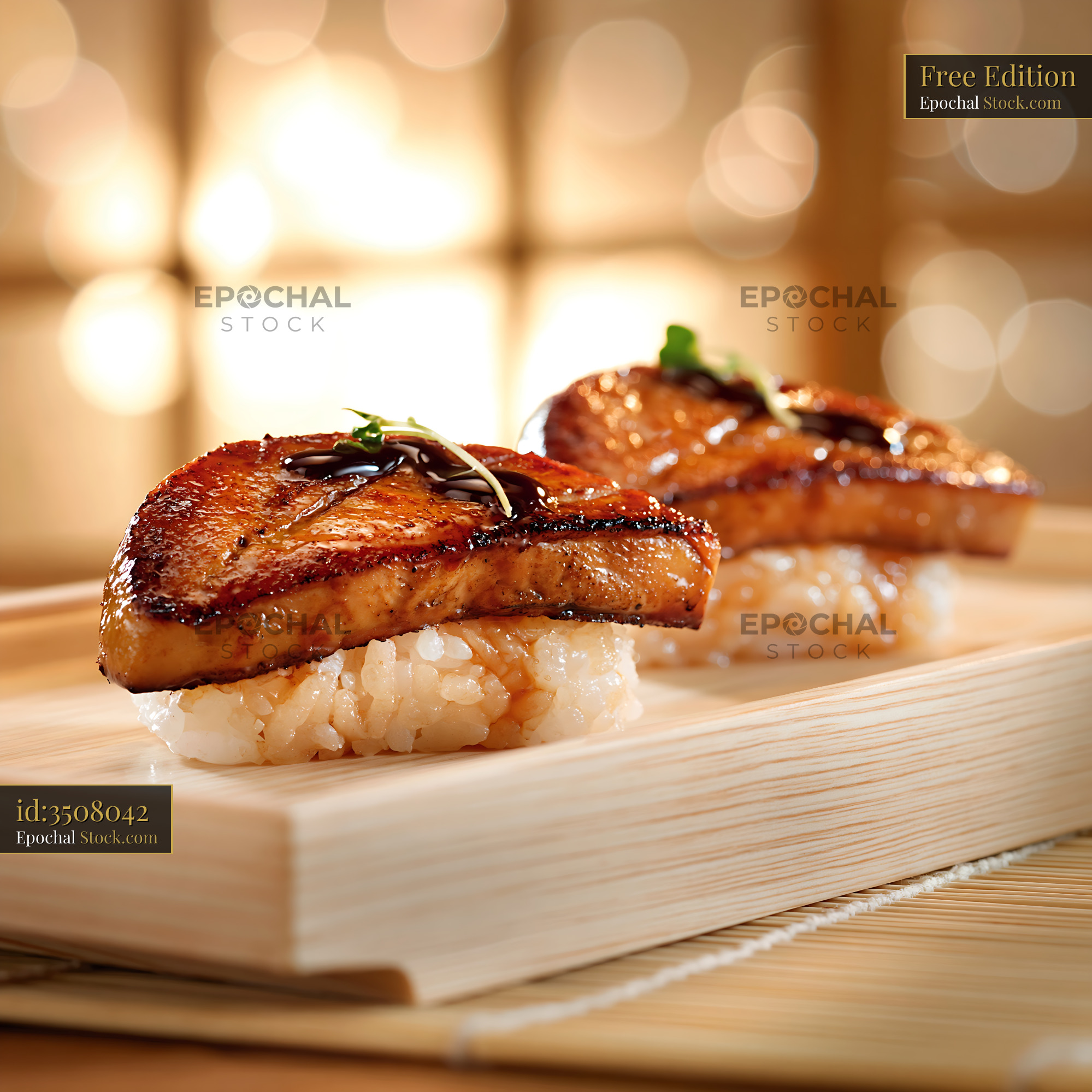 Truffle yellowtail sushi nigiri with seared topping on wooden board - stock photo