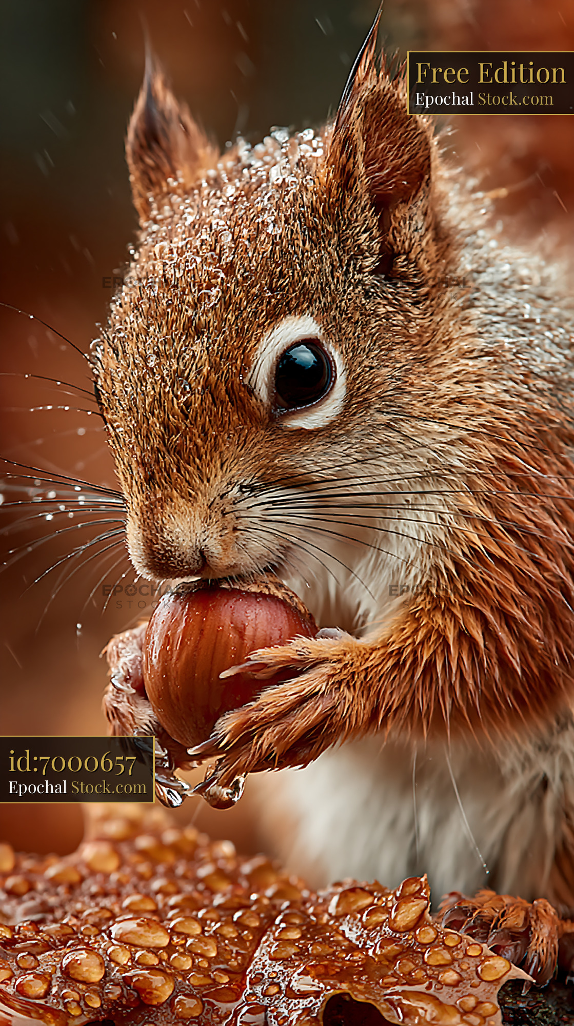 Red squirrel with copper fur holding a hazelnut in the autumn rain - stock photo