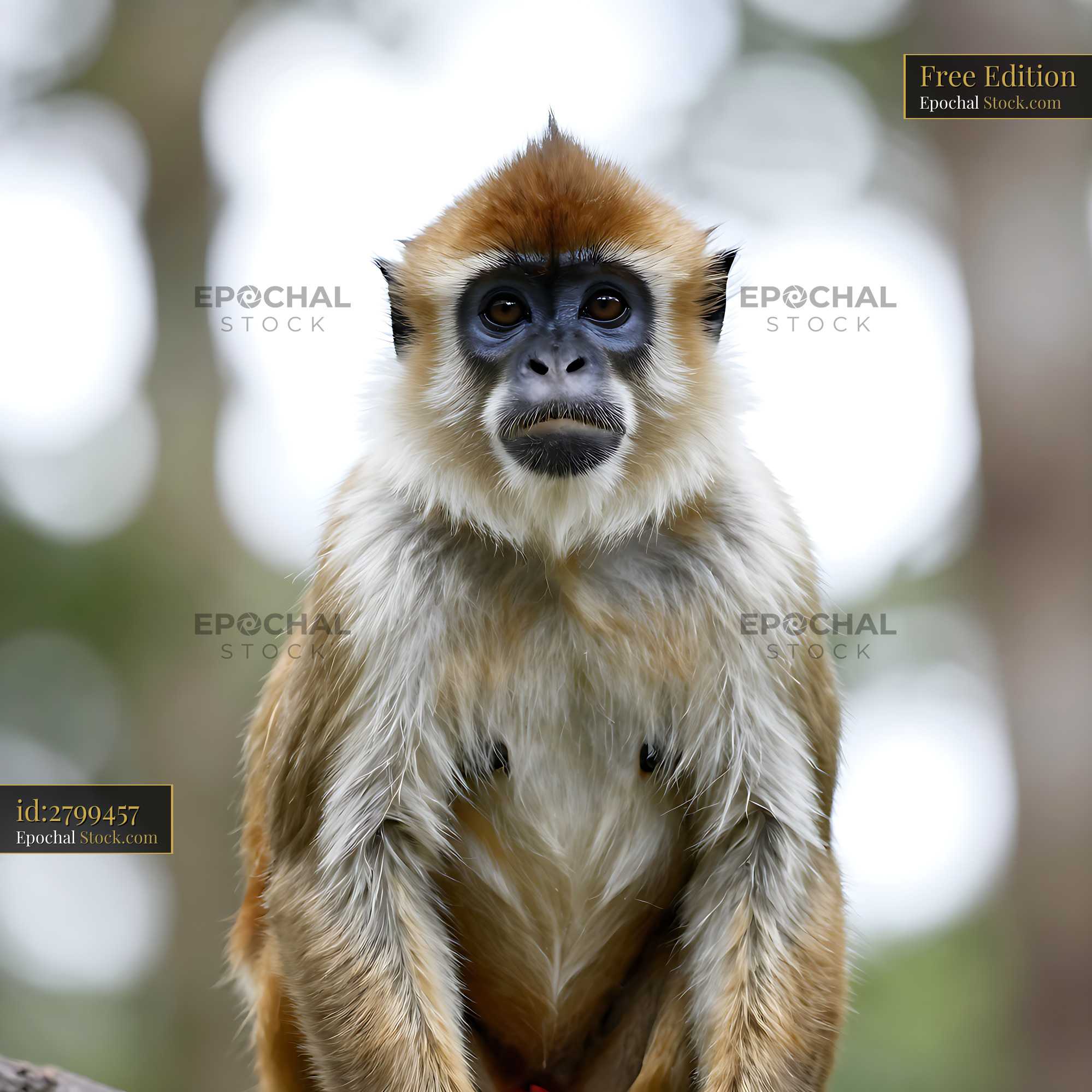 Diana monkey looking directly at the camera in a lush forest - stock photo
