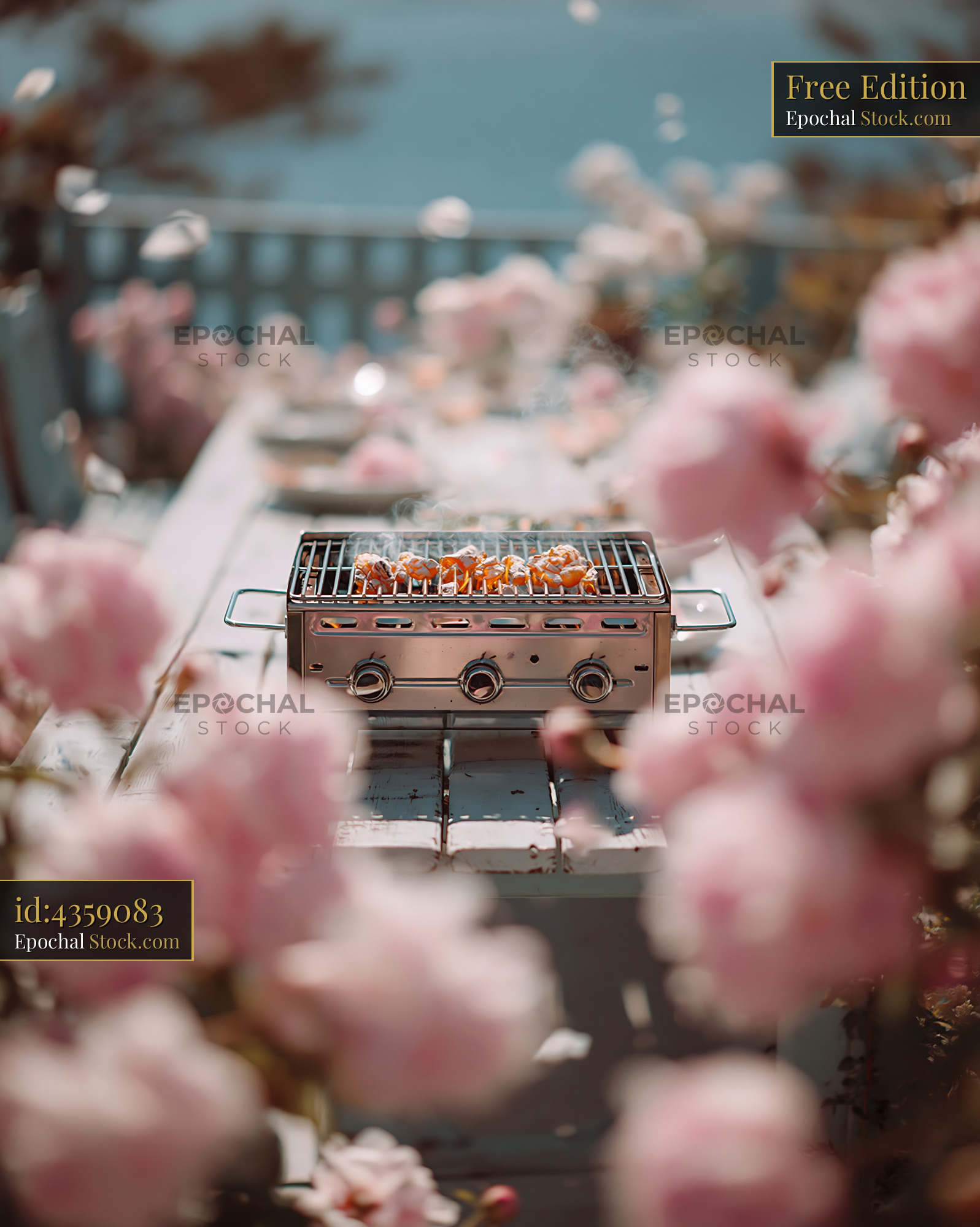 Small barbecue grill on wooden table surrounded by pink roses - stock photo