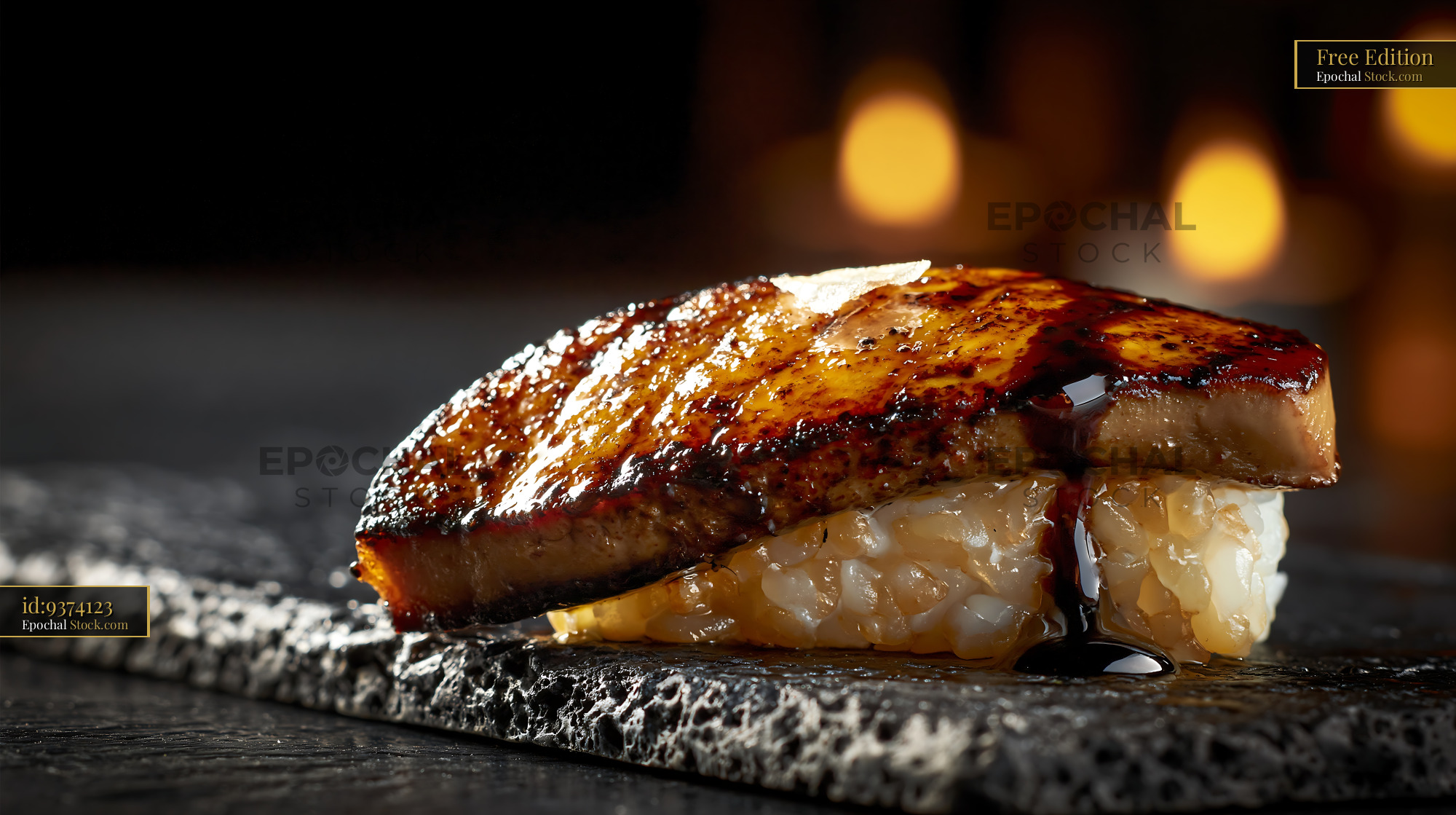 Seared foie gras nigiri sushi with dark glaze on textured slate - stock photo