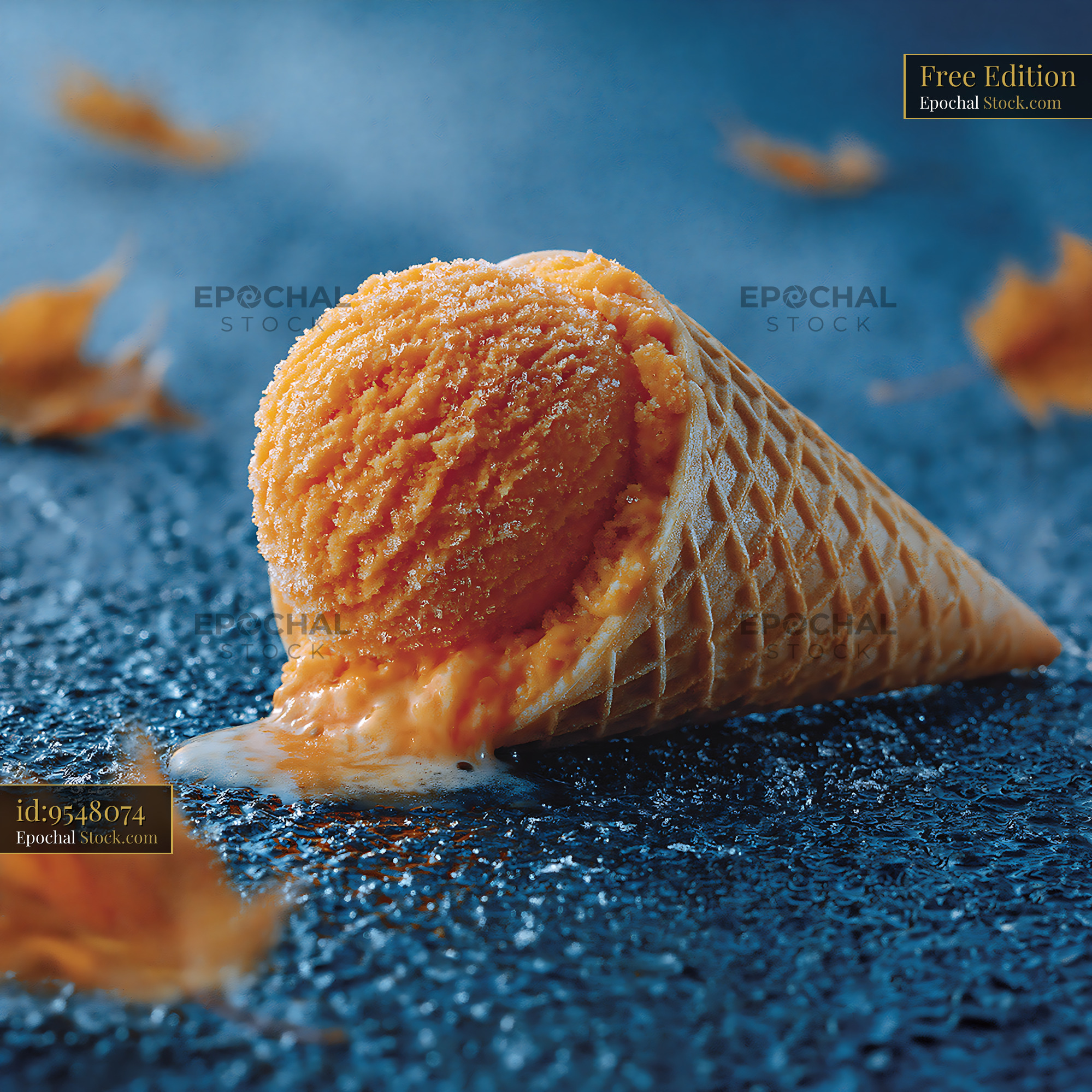 Abandoned ice cream cone melting on a frozen surface with autumn leave - stock photo